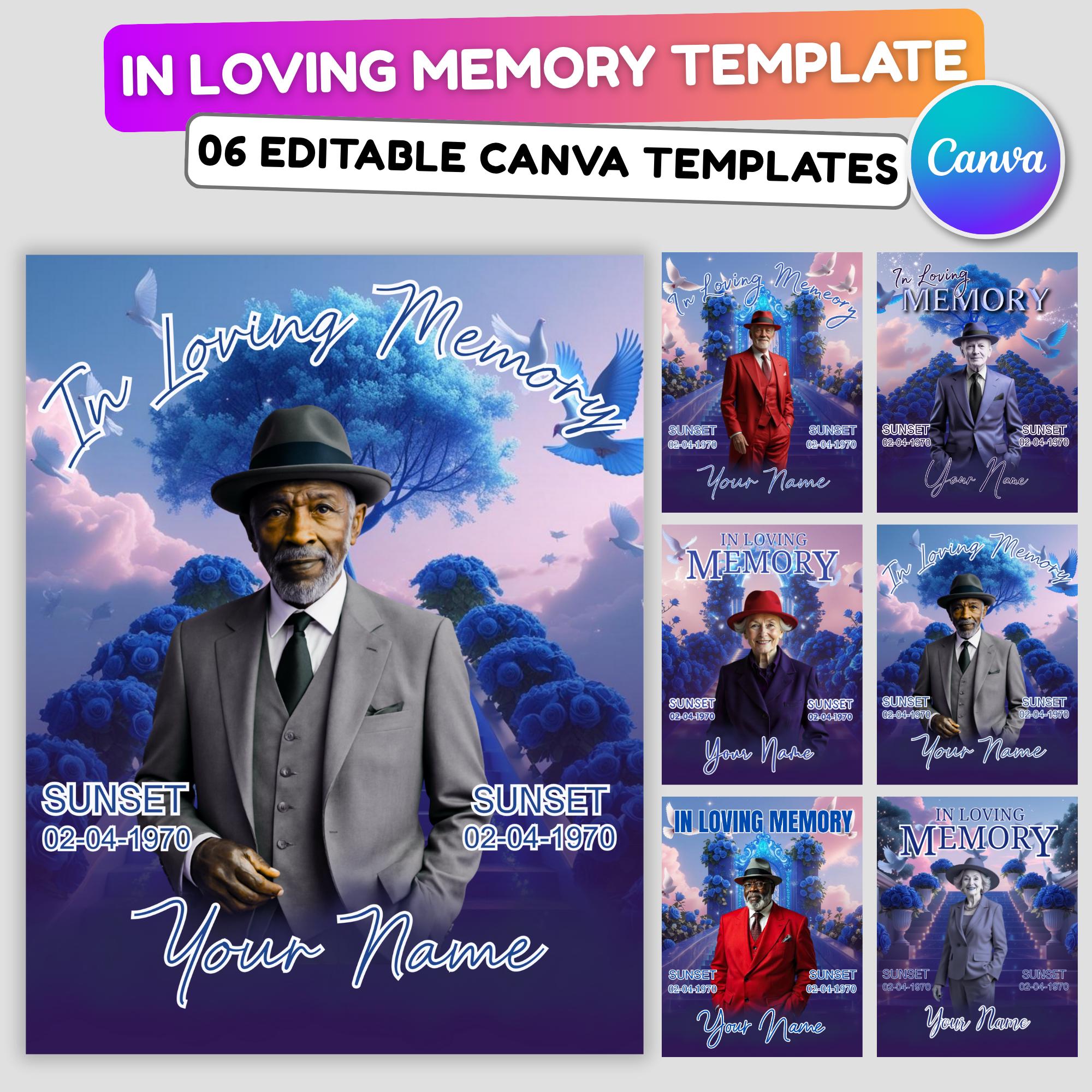 06 Blue In Loving Memory Canva Editable Templates, Memorial Canva Template, In Loving Memory Templates, Funeral & Celebration of Life - Editable Memorial Canva Template