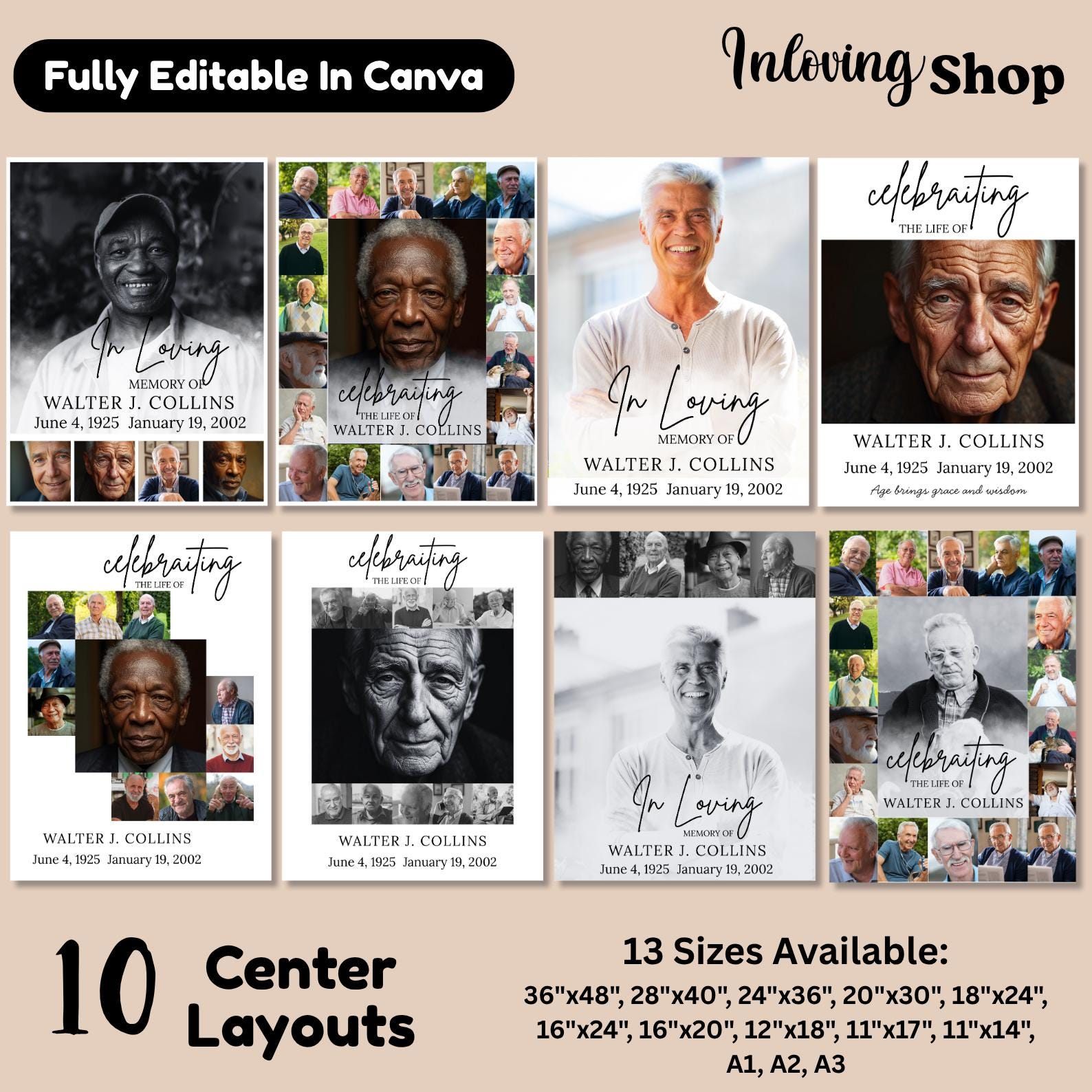 Funeral Photo Collage Canva Editable Template, In Loving Memory Collage, Memorial Photo Collage Template, Celebration Of Life - Editable Memorial Canva Template