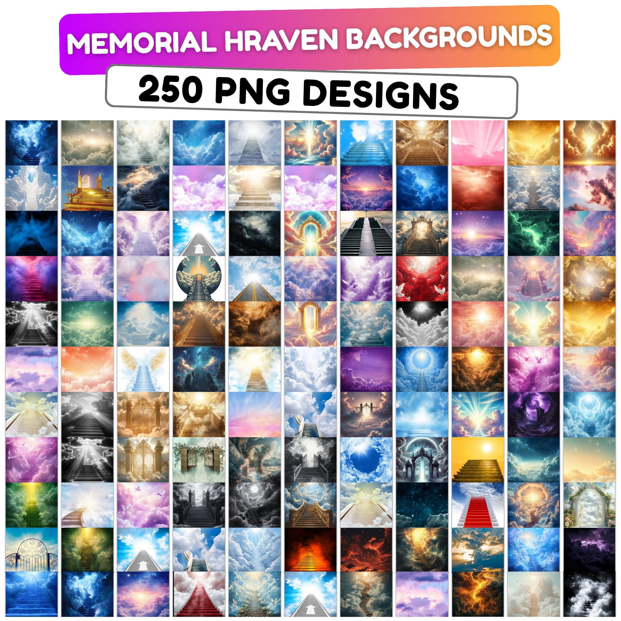 250 Memorial Heaven Backgrounds Png Bundle, Memorial Backgrounds, In Loving Memory Backgrounds, Heaven Stair Steps & Gate, Rest In Peace - Editable Memorial Canva Template
