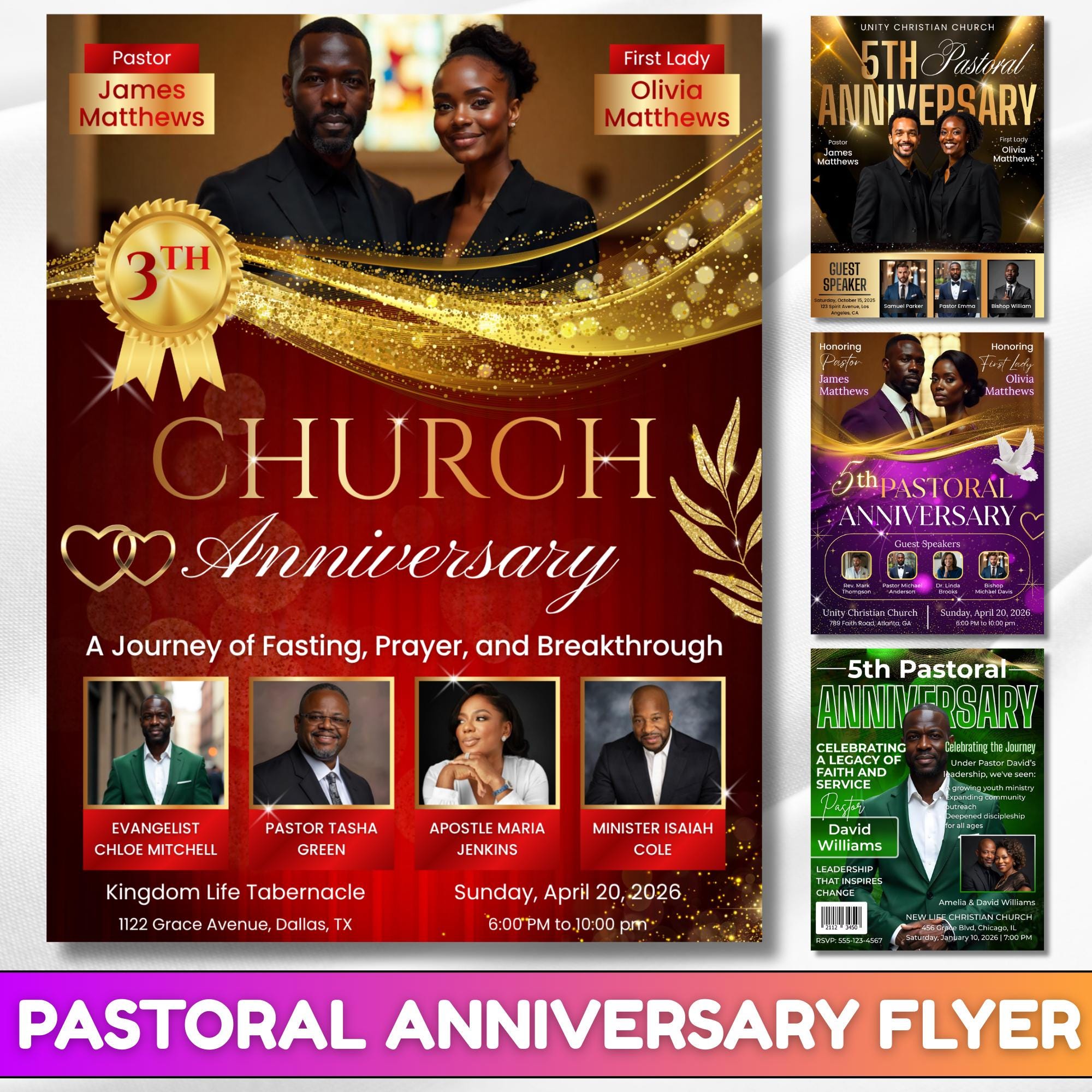 04 Pastoral Church Flyer Anniversary Program Template, Funeral Program, Church Program Template, Obituary Celebration Of Life Program - Editable Memorial Canva Template