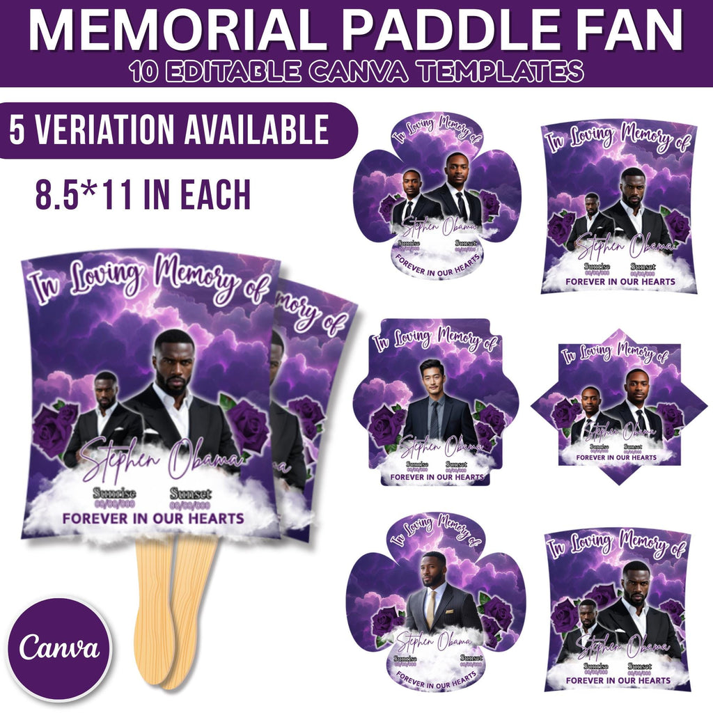 10 Purple In Loving Memory Paddle Fan Editable Template, Memorial Fan, Celebration of Life Paddle Fan, In Loving Memory Handheld Tribute - Editable Memorial Canva Template