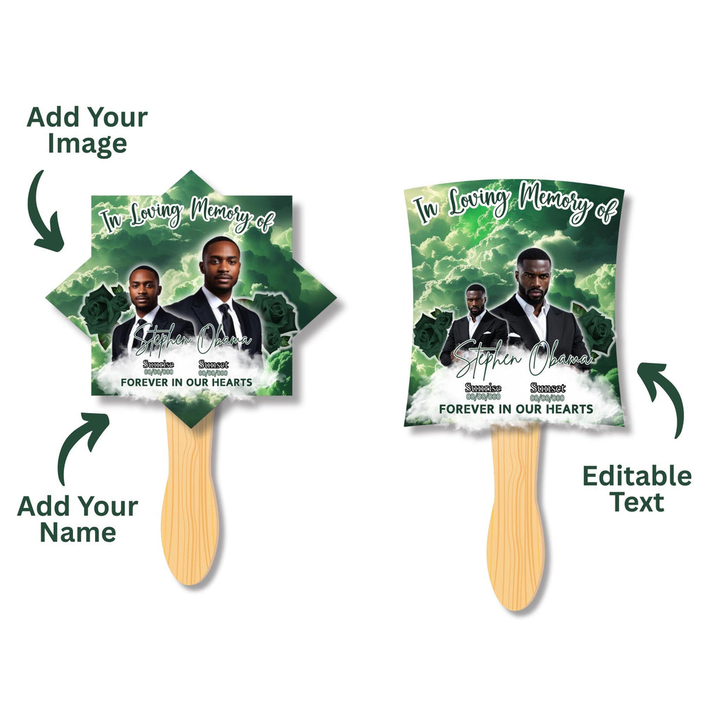 10 Green In Loving Memory Paddle Fan Editable Template, Memorial Fan, Celebration of Life Paddle Fan, In Loving Memory Handheld Tribute - Editable Memorial Canva Template