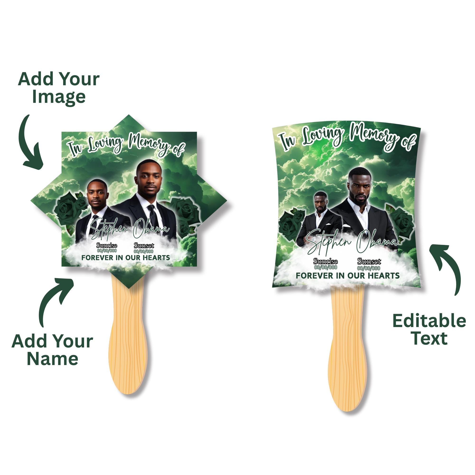 10 Green In Loving Memory Paddle Fan Editable Template, Memorial Fan, Celebration of Life Paddle Fan, In Loving Memory Handheld Tribute - Editable Memorial Canva Template