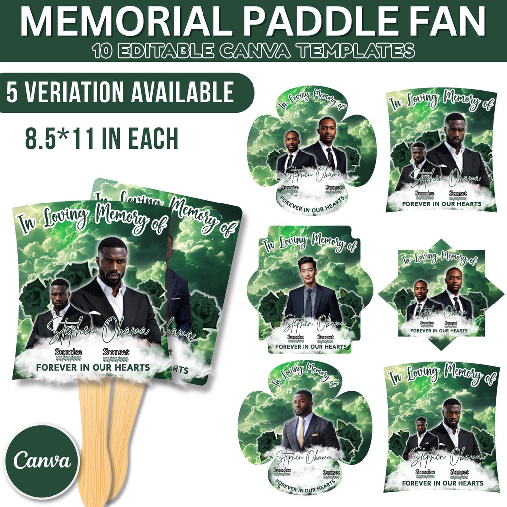 10 Green In Loving Memory Paddle Fan Editable Template, Memorial Fan, Celebration of Life Paddle Fan, In Loving Memory Handheld Tribute - Editable Memorial Canva Template