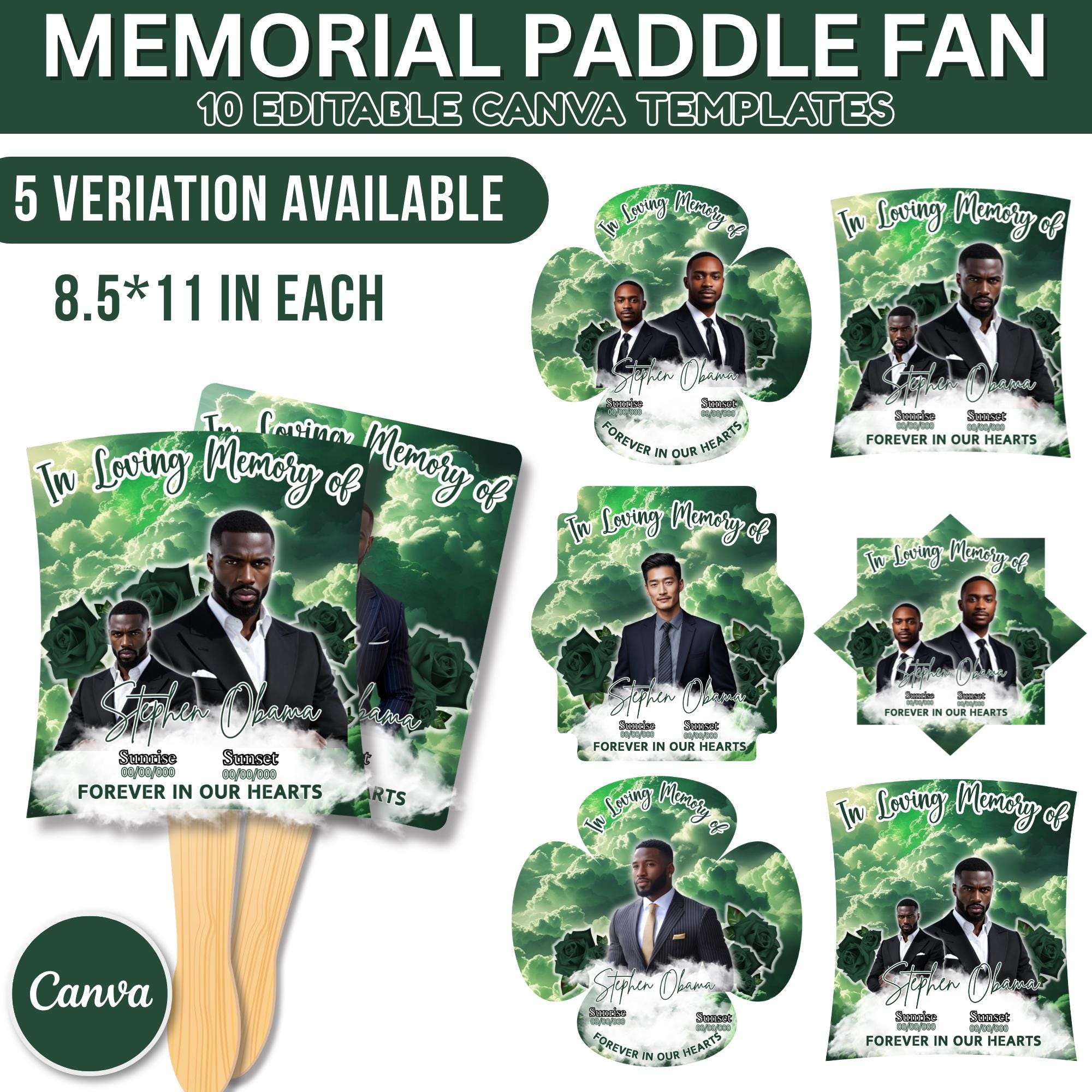 10 Green In Loving Memory Paddle Fan Editable Template, Memorial Fan, Celebration of Life Paddle Fan, In Loving Memory Handheld Tribute - Editable Memorial Canva Template