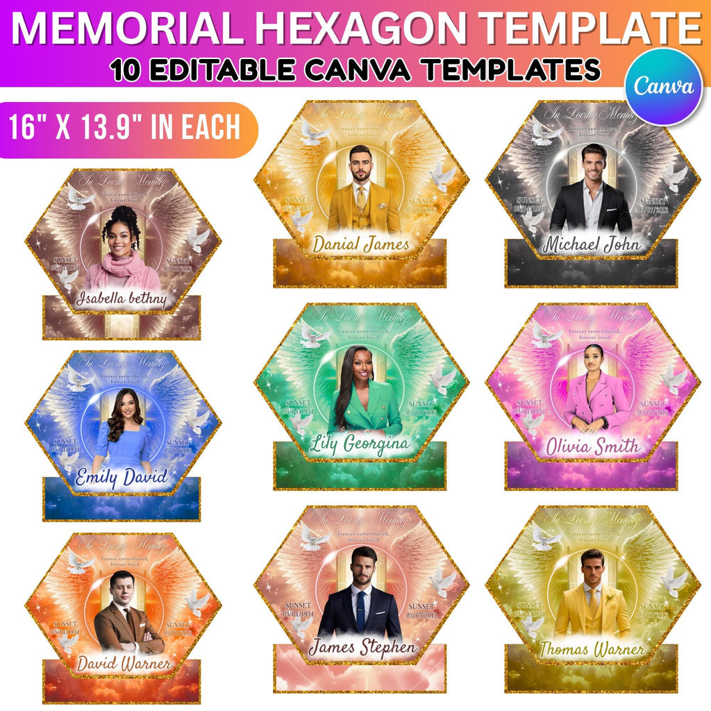 10 Hexagon Memorial Photo Board Canva Editable Templates, In Loving Memory Templates, Memorial Canva Template, Funeral & Celebration of Life - Editable Memorial Canva Template