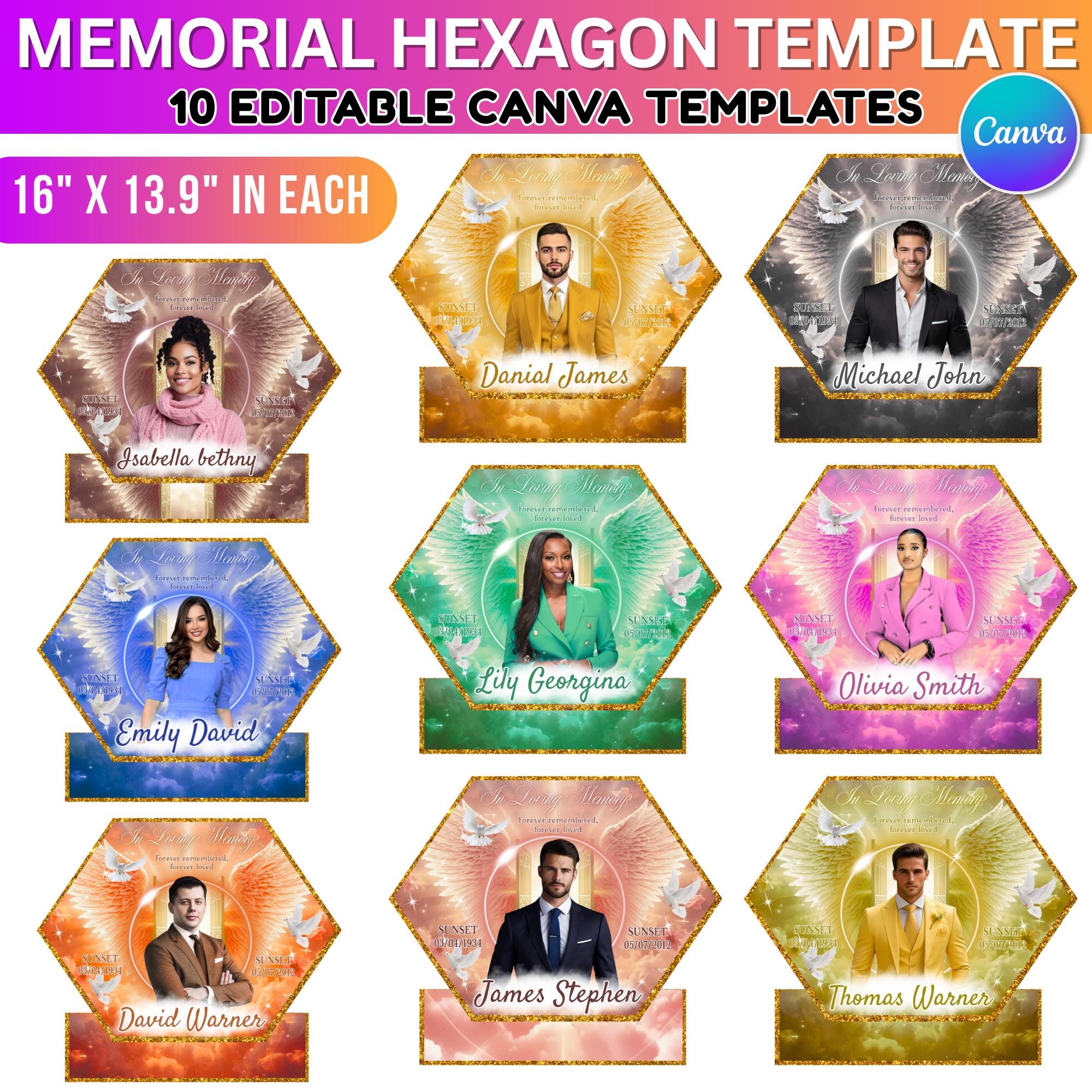 10 Hexagon Memorial Photo Board Canva Editable Templates, In Loving Memory Templates, Memorial Canva Template, Funeral & Celebration of Life - Editable Memorial Canva Template