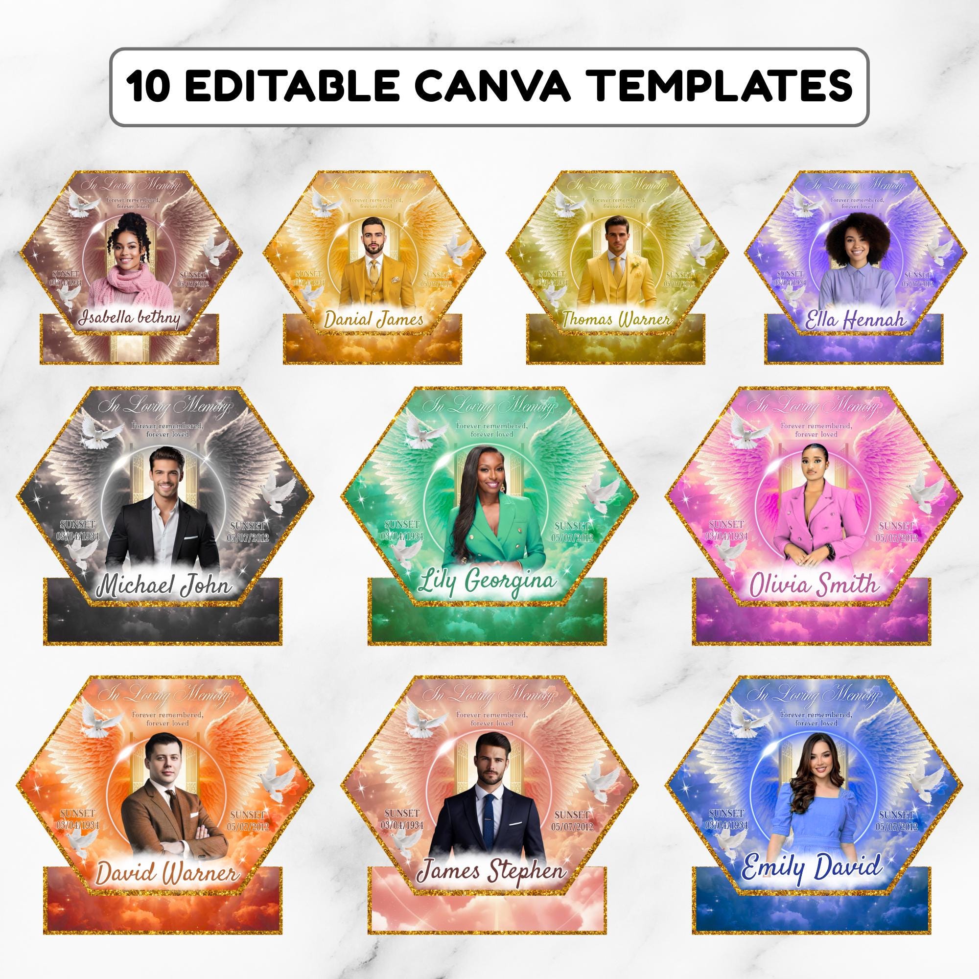 10 Hexagon Memorial Photo Board Canva Editable Templates, In Loving Memory Templates, Memorial Canva Template, Funeral & Celebration of Life - Editable Memorial Canva Template