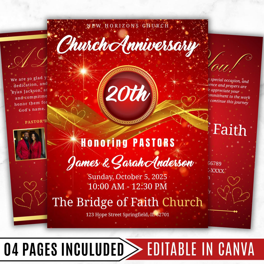 Red Church Anniversary Program Template, Editable Bifold 8.5x11” Design, Church Appreciation Program, Anniversary & Faith Celebration - Editable Memorial Canva Template