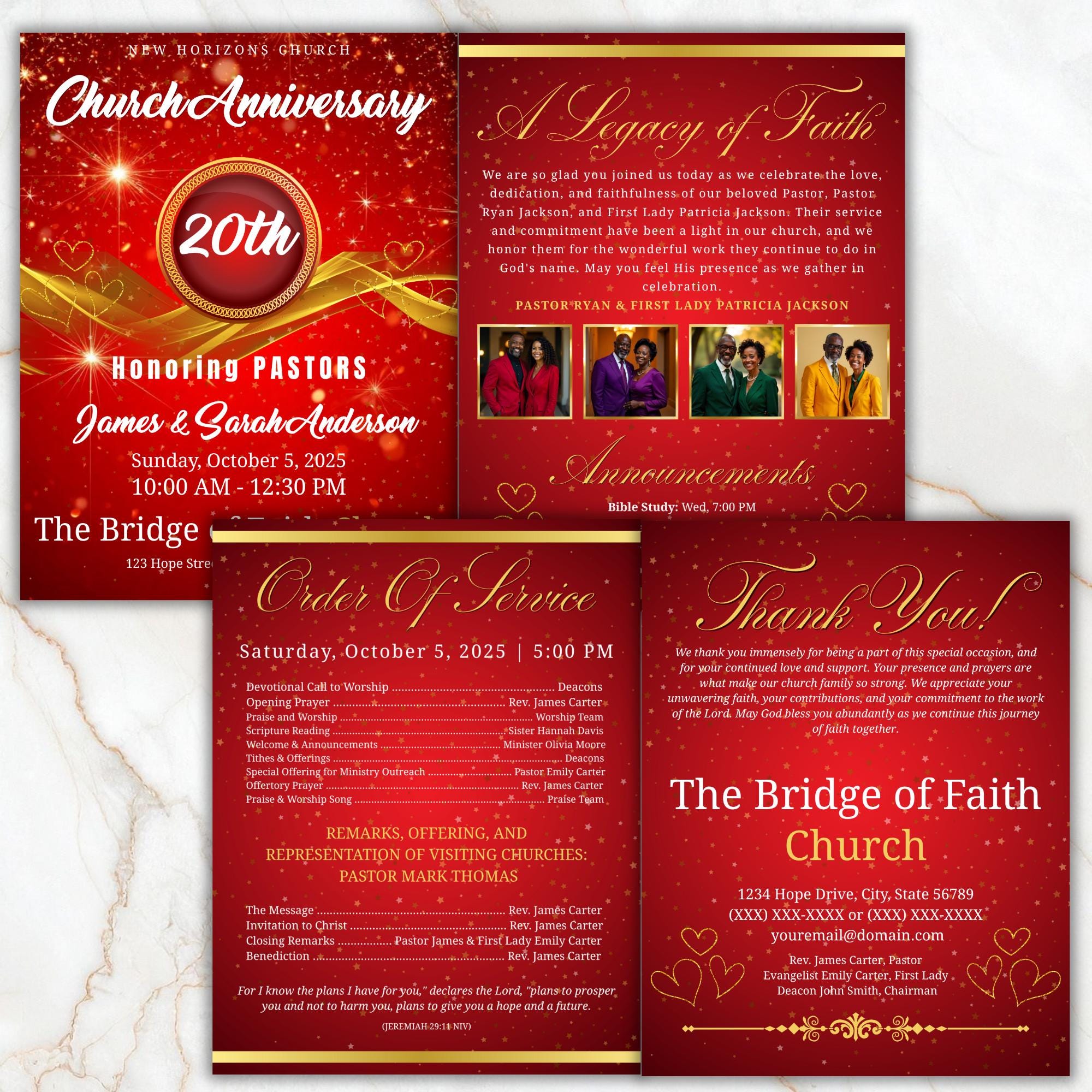 Red Church Anniversary Program Template, Editable Bifold 8.5x11” Design, Church Appreciation Program, Anniversary & Faith Celebration - Editable Memorial Canva Template