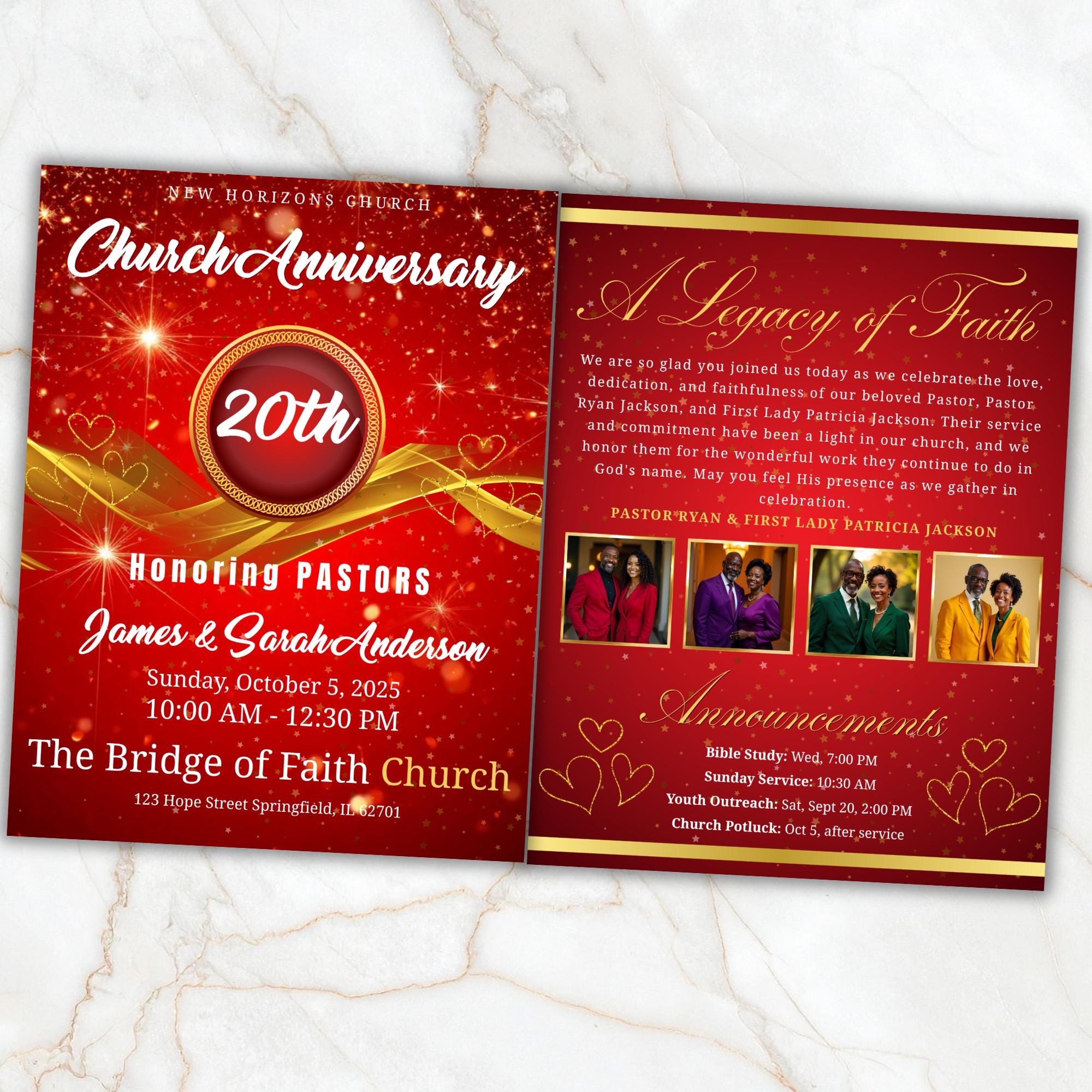Red Church Anniversary Program Template, Editable Bifold 8.5x11” Design, Church Appreciation Program, Anniversary & Faith Celebration - Editable Memorial Canva Template
