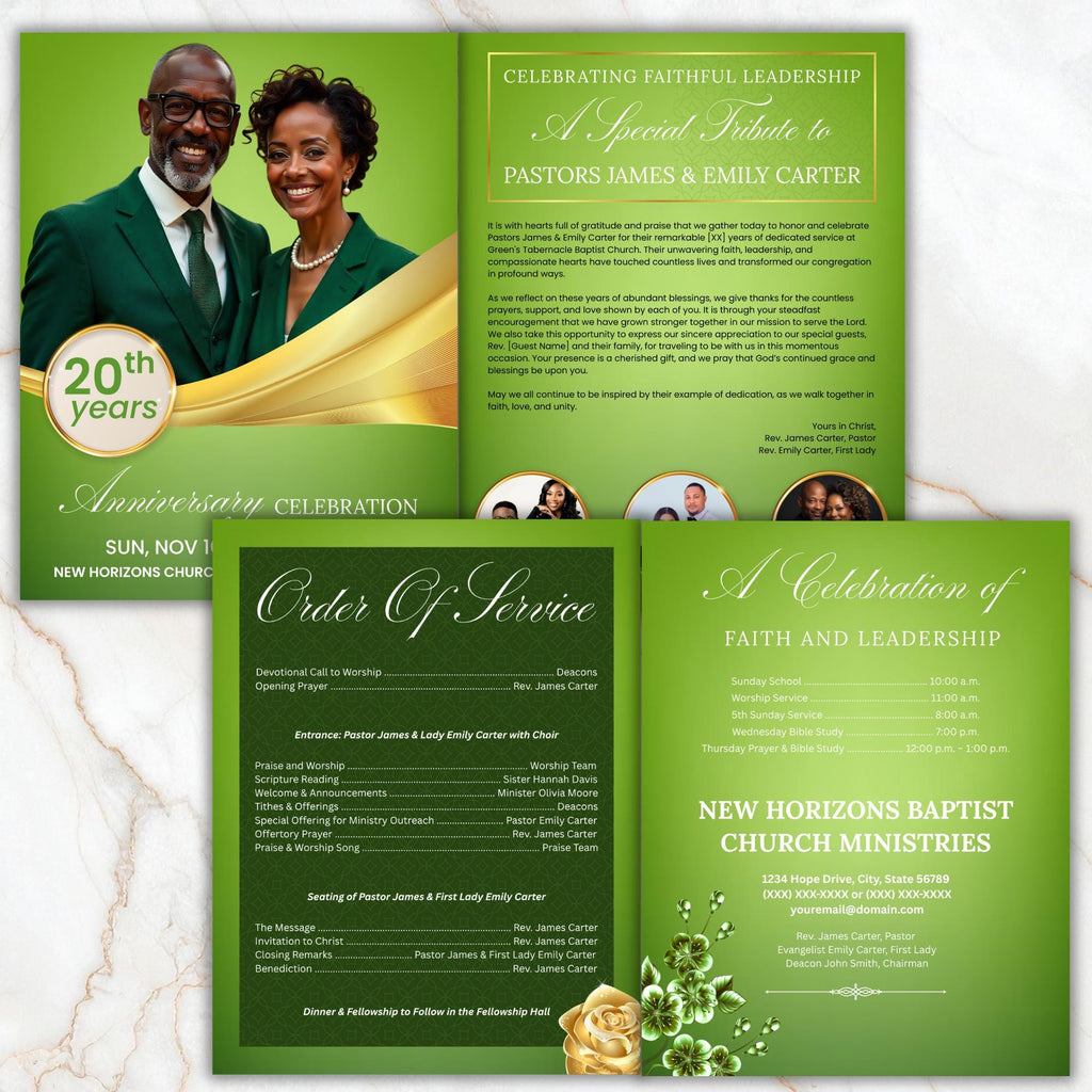 Light Green Church Anniversary Program Template, Editable Bifold 8.5x11” Design, Church Appreciation Program,Anniversary & Faith Celebration - Editable Memorial Canva Template