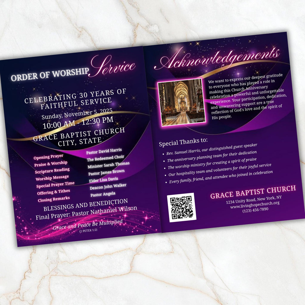 Purple Church Anniversary Program Template, Editable Bifold 8.5x11” Design, Church Appreciation Program,Anniversary & Faith Celebration - Editable Memorial Canva Template