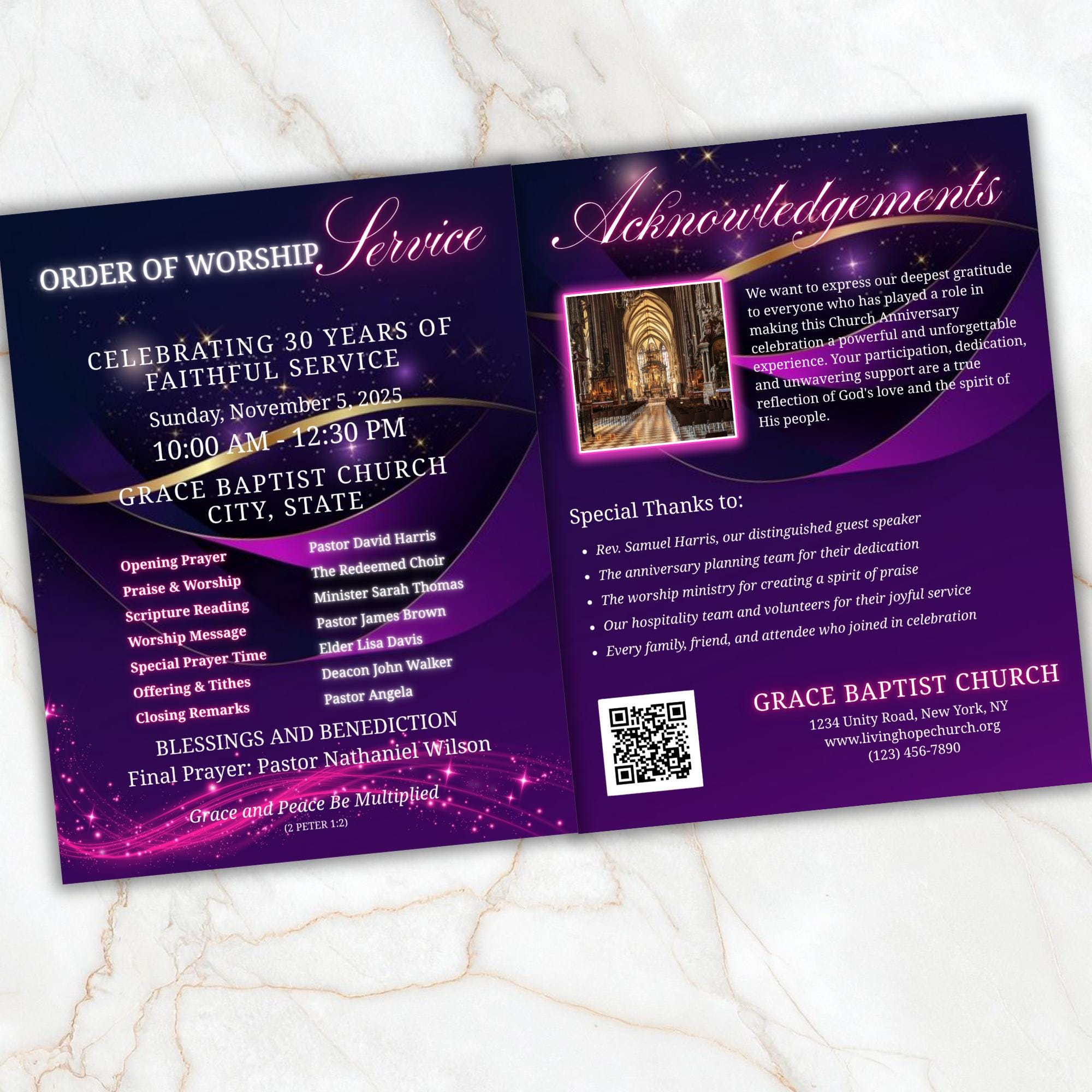 Purple Church Anniversary Program Template, Editable Bifold 8.5x11” Design, Church Appreciation Program,Anniversary & Faith Celebration - Editable Memorial Canva Template