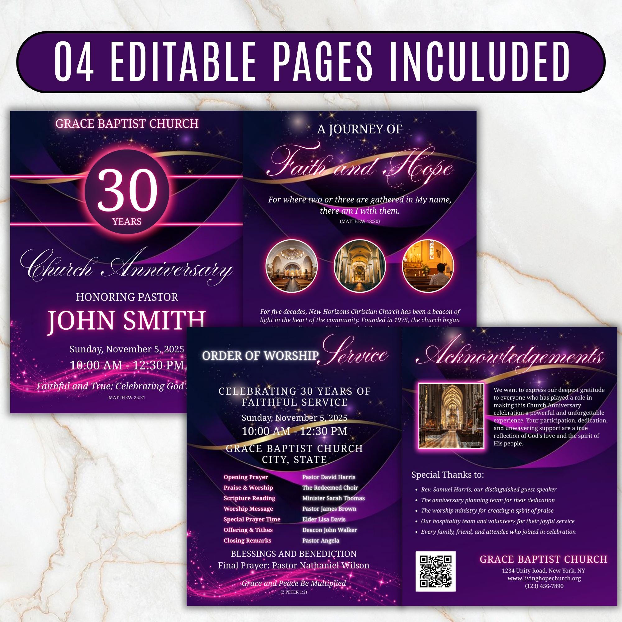 Purple Church Anniversary Program Template, Editable Bifold 8.5x11” Design, Church Appreciation Program,Anniversary & Faith Celebration - Editable Memorial Canva Template