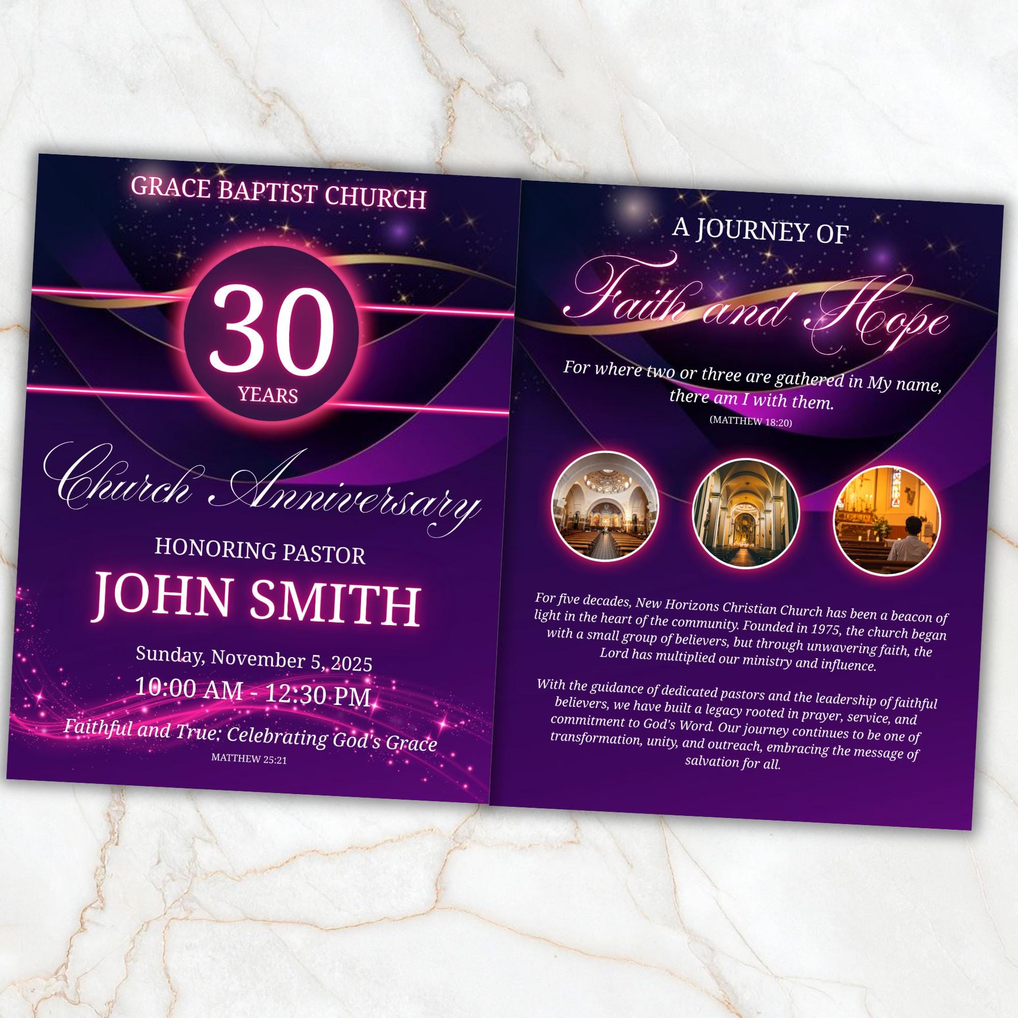 Purple Church Anniversary Program Template, Editable Bifold 8.5x11” Design, Church Appreciation Program,Anniversary & Faith Celebration - Editable Memorial Canva Template