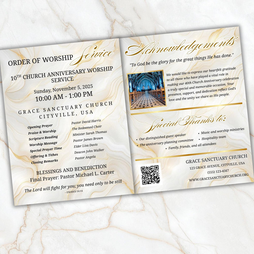 White Purple Church Anniversary Program Template, Editable Bifold 8.5x11” Design, Church Appreciation Program, Anniversary Faith Celebration - Editable Memorial Canva Template