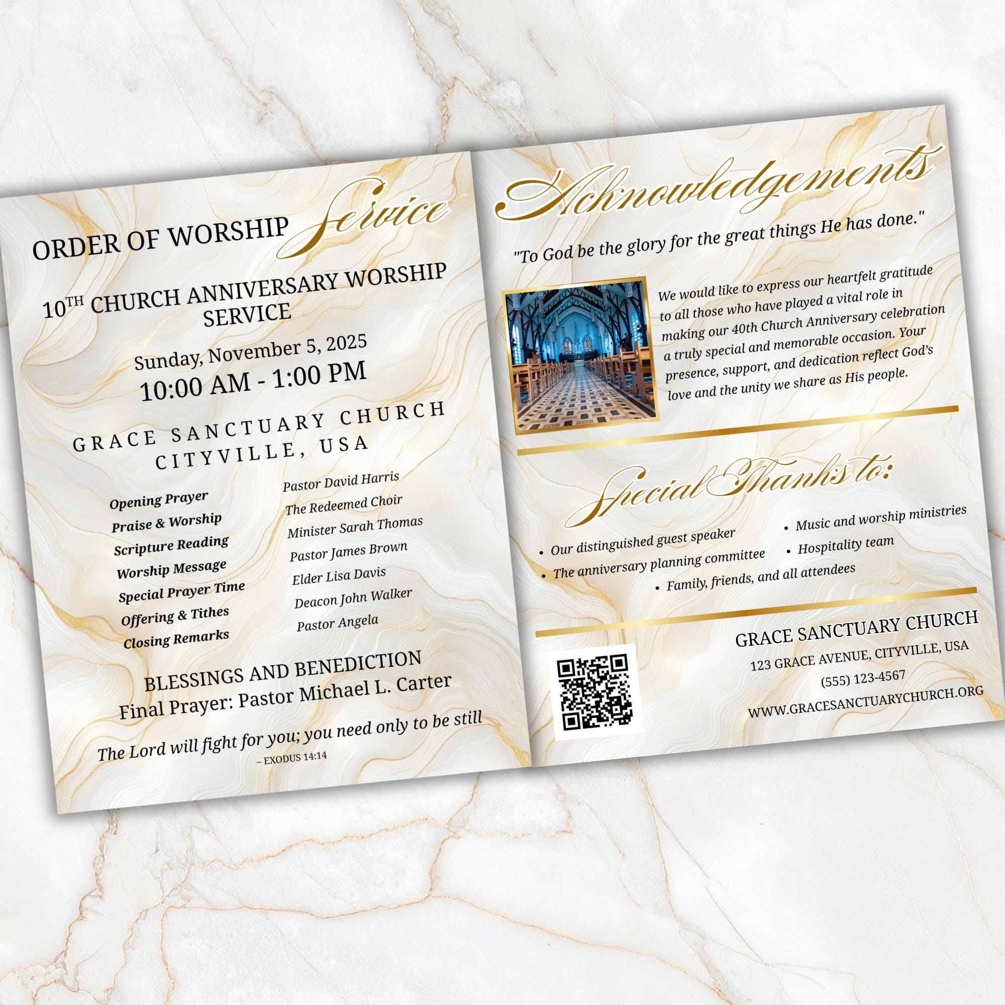 White Purple Church Anniversary Program Template, Editable Bifold 8.5x11” Design, Church Appreciation Program, Anniversary Faith Celebration - Editable Memorial Canva Template