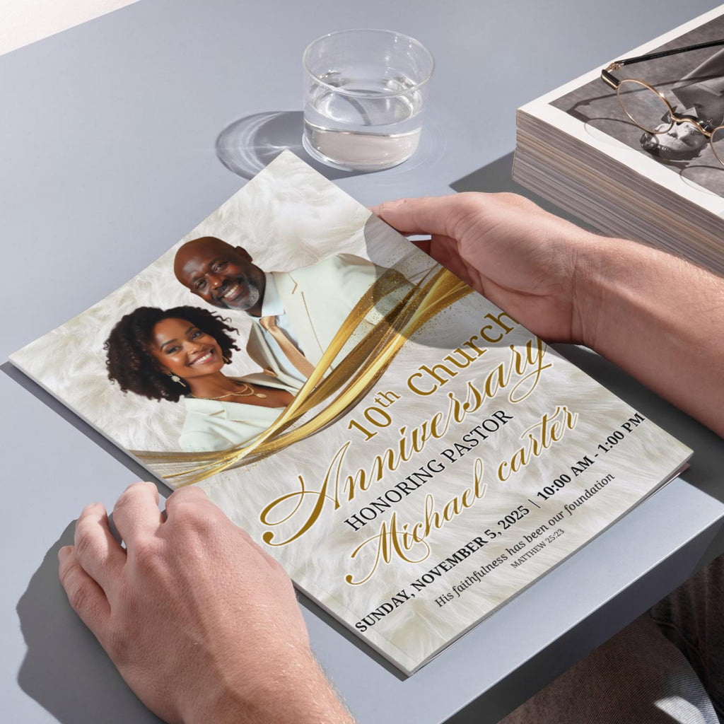 White Purple Church Anniversary Program Template, Editable Bifold 8.5x11” Design, Church Appreciation Program, Anniversary Faith Celebration - Editable Memorial Canva Template