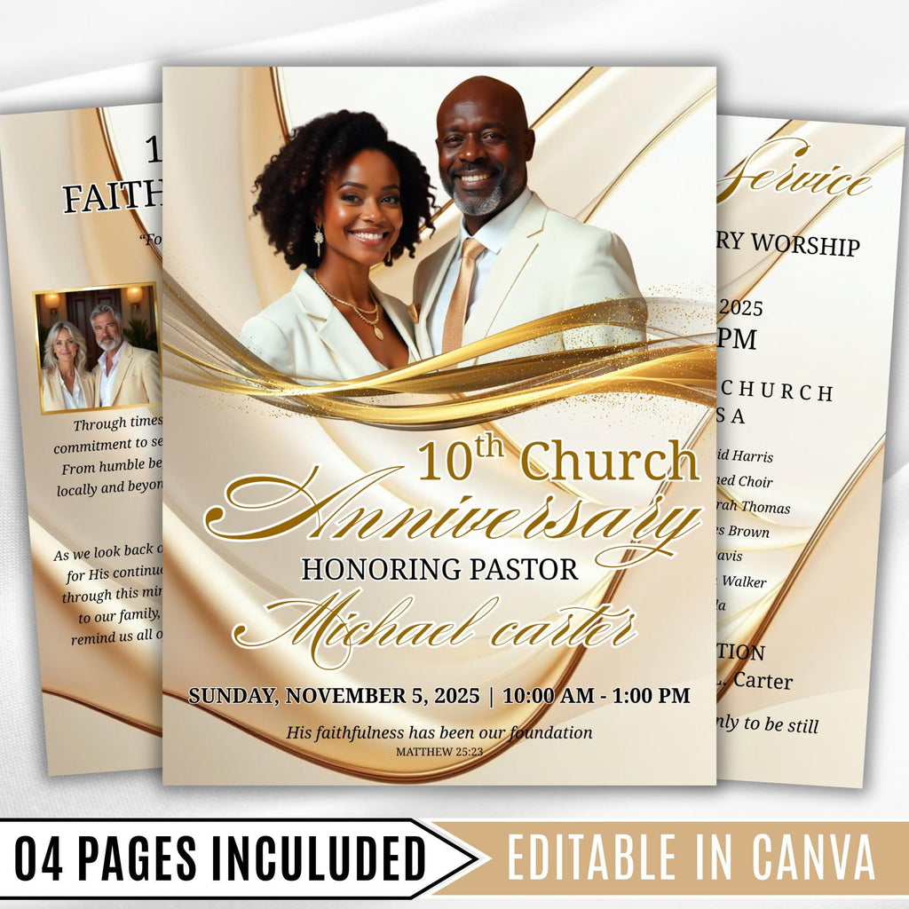 White Purple Church Anniversary Program Template, Editable Bifold 8.5x11” Design, Church Appreciation Program, Anniversary Faith Celebration - Editable Memorial Canva Template