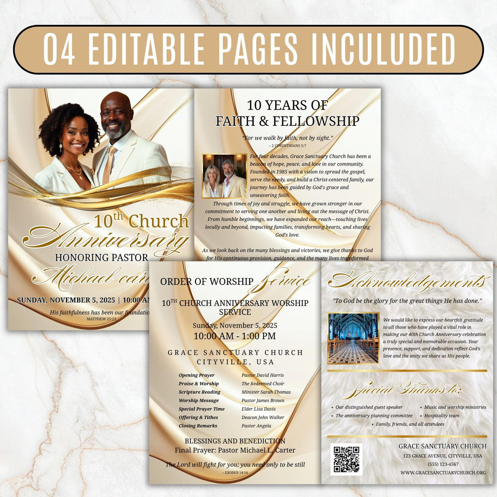 White Purple Church Anniversary Program Template, Editable Bifold 8.5x11” Design, Church Appreciation Program, Anniversary Faith Celebration - Editable Memorial Canva Template