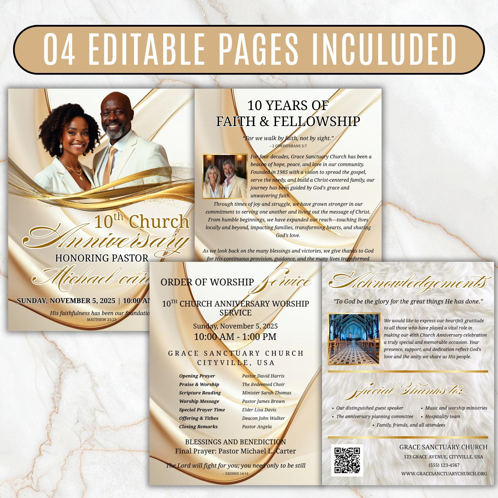 White Purple Church Anniversary Program Template, Editable Bifold 8.5x11” Design, Church Appreciation Program, Anniversary Faith Celebration - Editable Memorial Canva Template