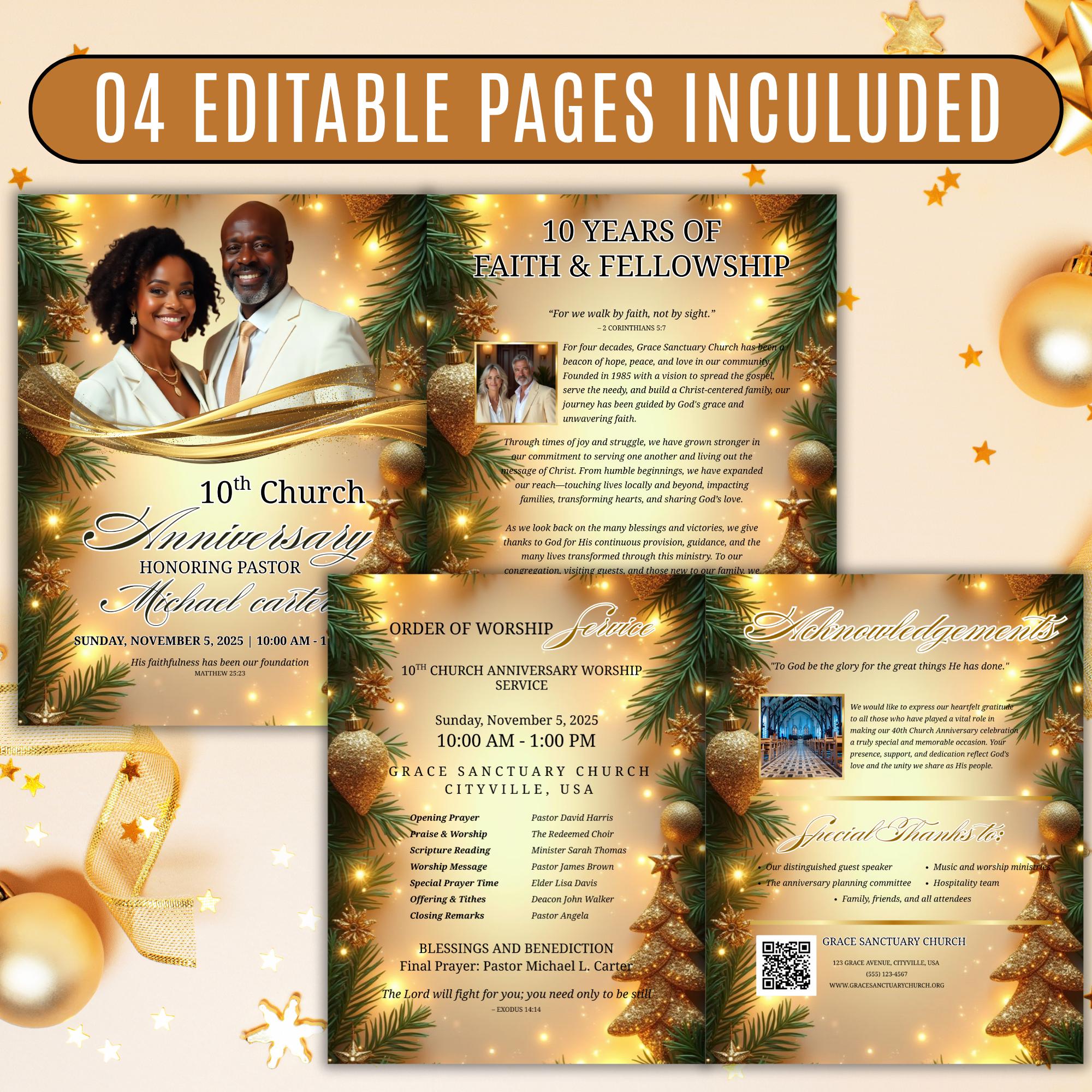 Christmas Golden Church Anniversary Program Template, Editable Bifold 8.5x11”, Church Appreciation Program, Anniversary Celebration - Editable Memorial Canva Template