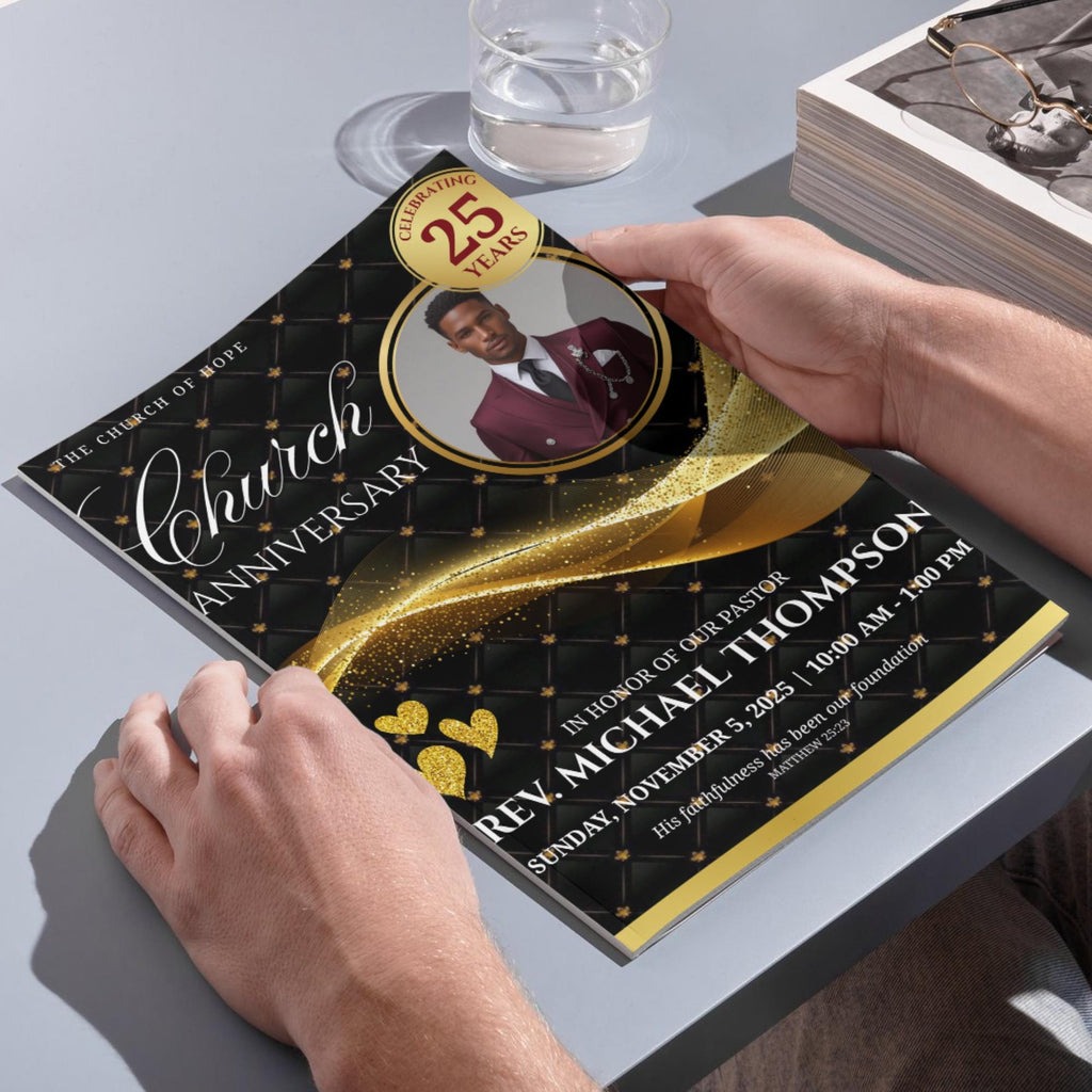 Black & Golden Pastor Anniversary Church Program, Editable Bifold 8.5x11” Design, Church Appreciation Program, Anniversary Faith Celebration - Editable Memorial Canva Template
