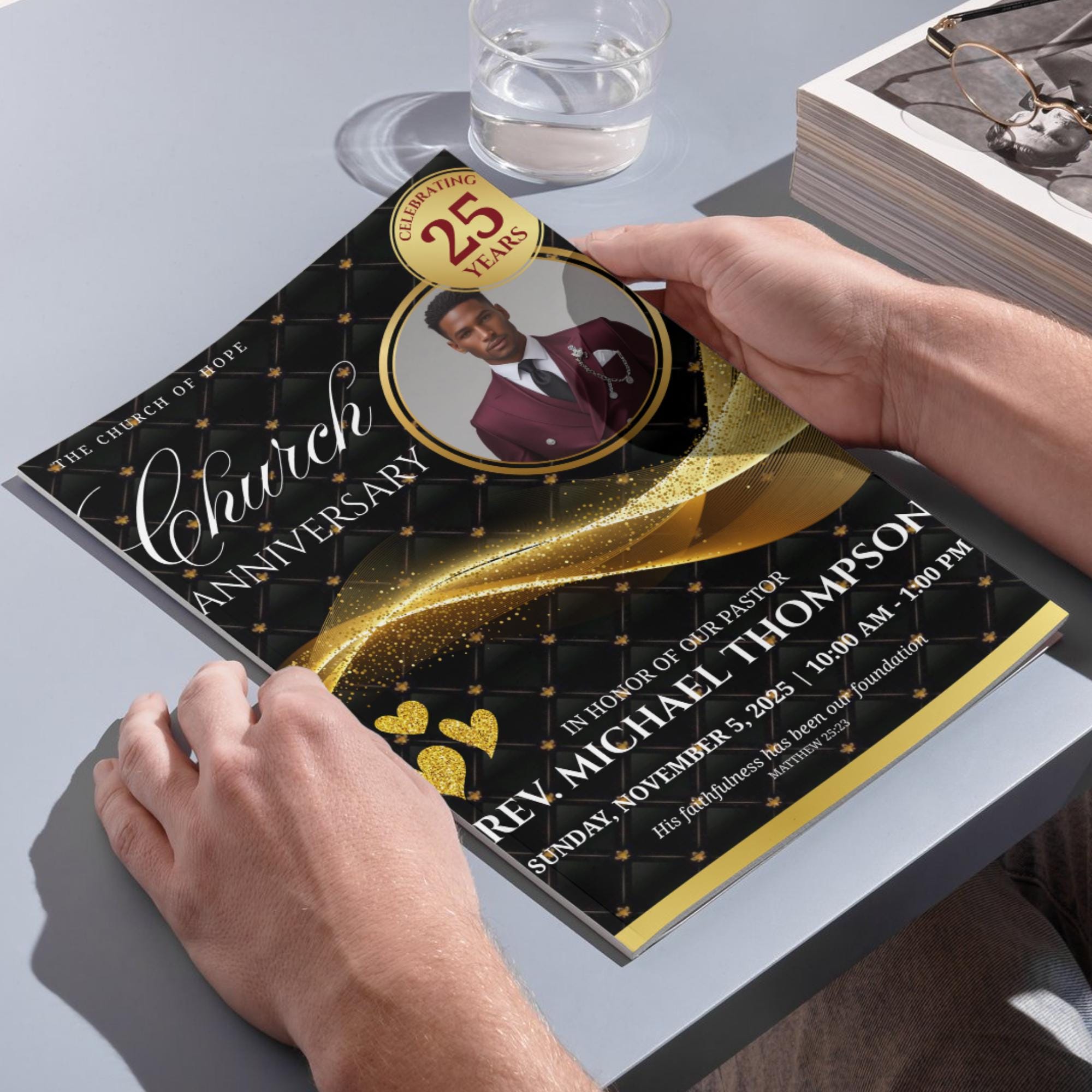 Black & Golden Pastor Anniversary Church Program, Editable Bifold 8.5x11” Design, Church Appreciation Program, Anniversary Faith Celebration - Editable Memorial Canva Template