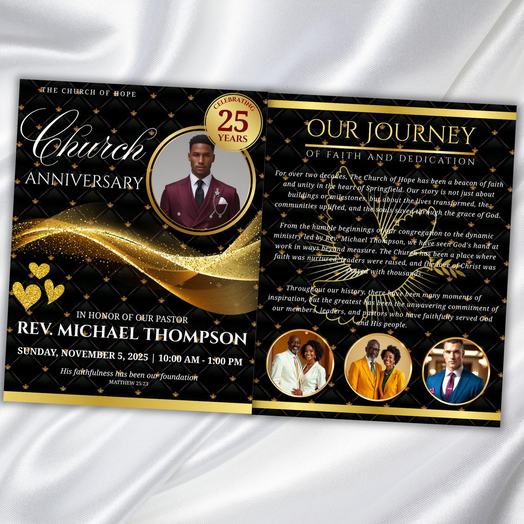 Black & Golden Pastor Anniversary Church Program, Editable Bifold 8.5x11” Design, Church Appreciation Program, Anniversary Faith Celebration - Editable Memorial Canva Template