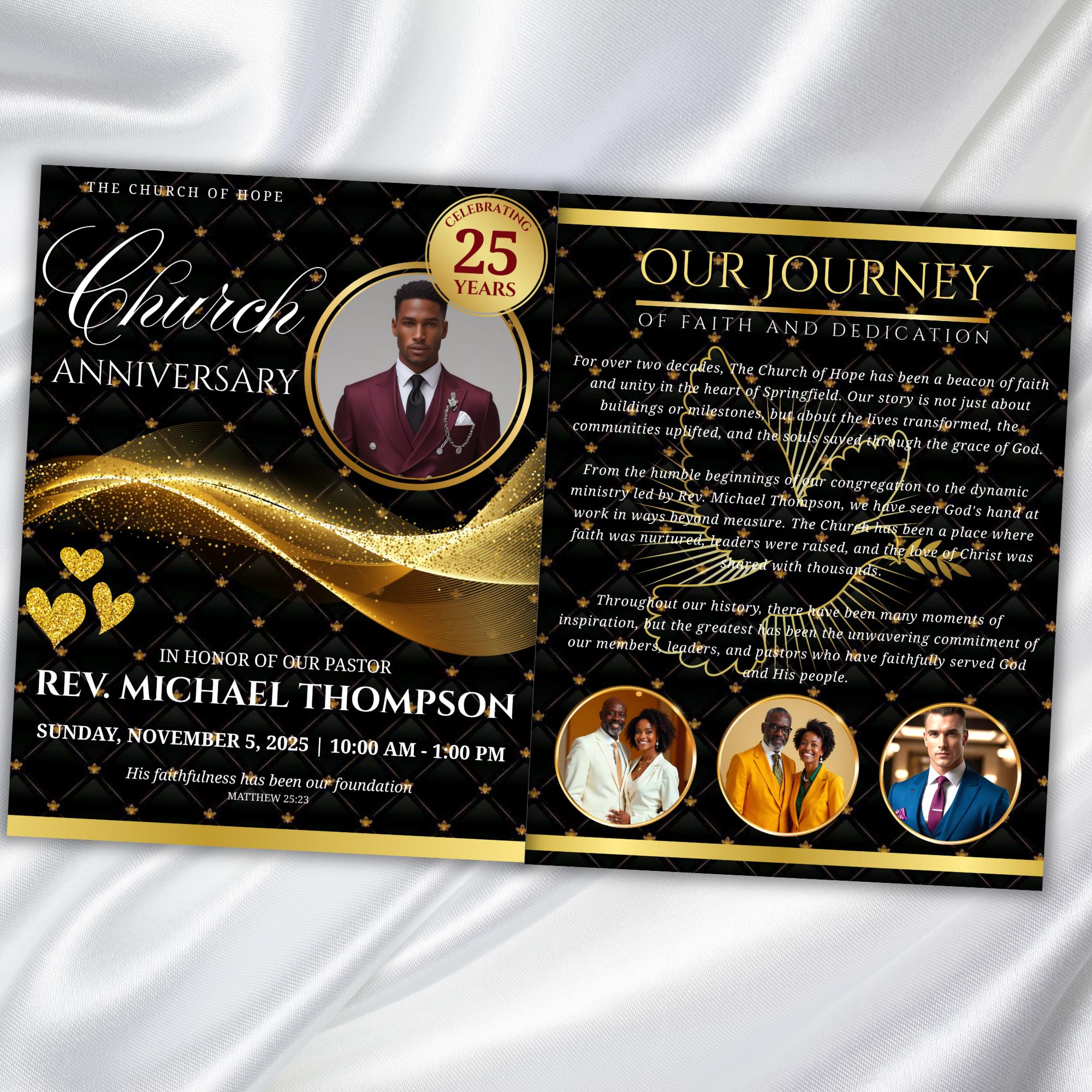 Black & Golden Pastor Anniversary Church Program, Editable Bifold 8.5x11” Design, Church Appreciation Program, Anniversary Faith Celebration - Editable Memorial Canva Template