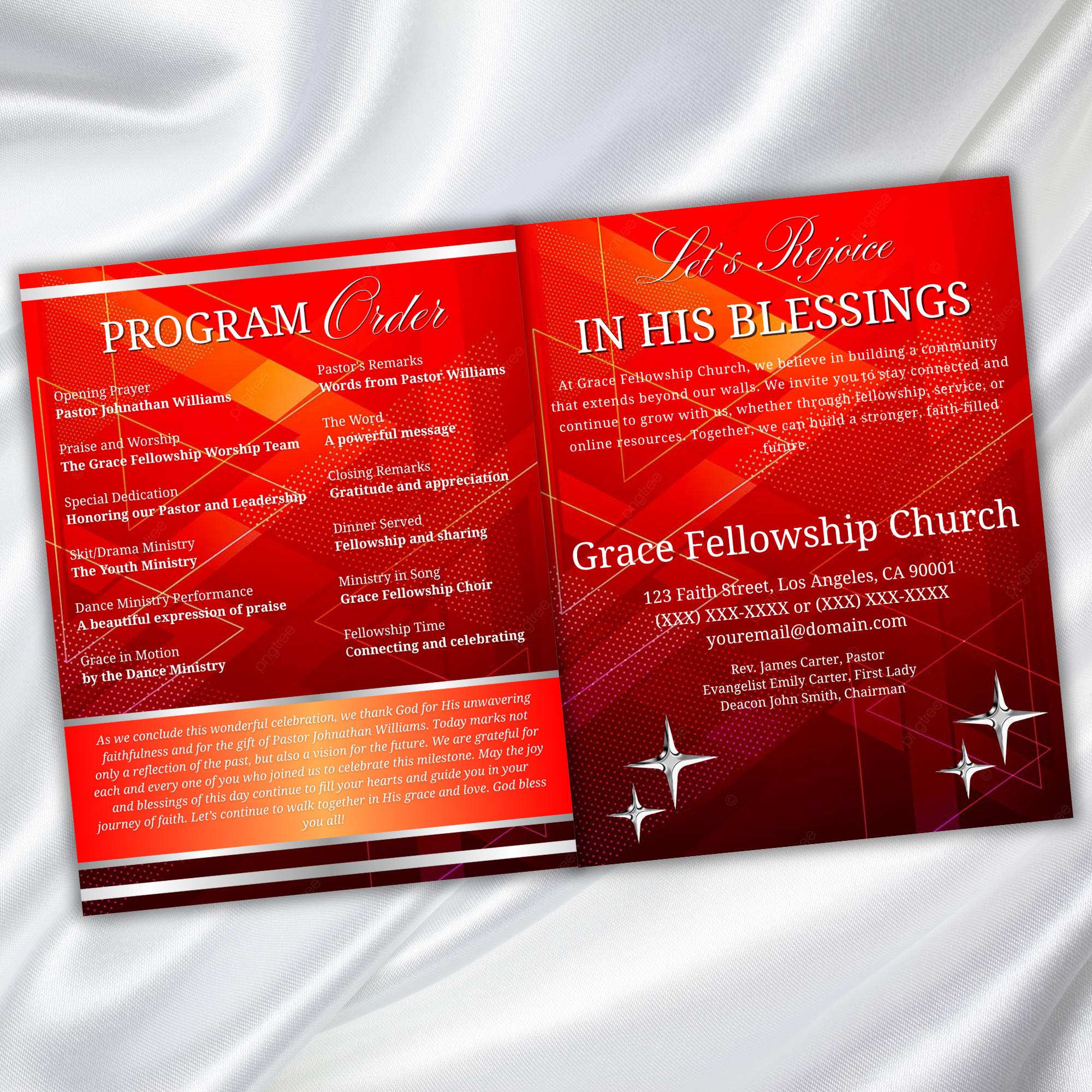 Red Pastor Anniversary Church Program, Editable Bifold 8.5x11” Design, Church Appreciation Program, Anniversary Faith Celebration - Editable Memorial Canva Template