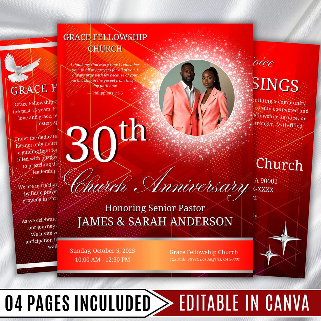 Red Pastor Anniversary Church Program, Editable Bifold 8.5x11” Design, Church Appreciation Program, Anniversary Faith Celebration - Editable Memorial Canva Template