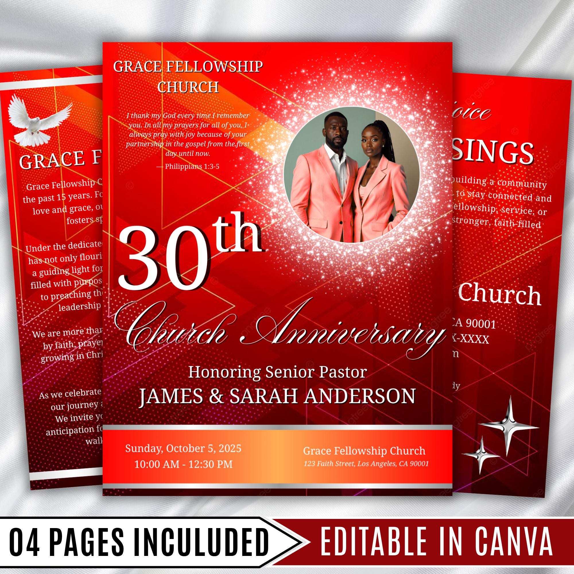 Red Pastor Anniversary Church Program, Editable Bifold 8.5x11” Design, Church Appreciation Program, Anniversary Faith Celebration - Editable Memorial Canva Template