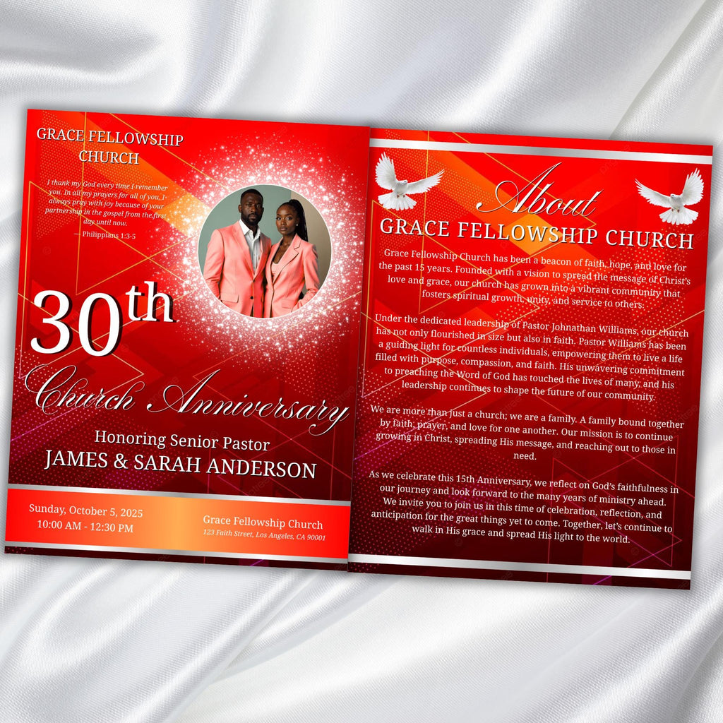 Red Pastor Anniversary Church Program, Editable Bifold 8.5x11” Design, Church Appreciation Program, Anniversary Faith Celebration - Editable Memorial Canva Template