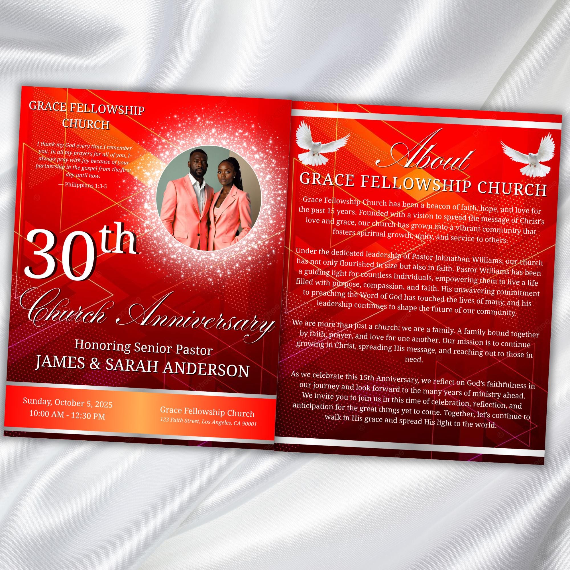 Red Pastor Anniversary Church Program, Editable Bifold 8.5x11” Design, Church Appreciation Program, Anniversary Faith Celebration - Editable Memorial Canva Template