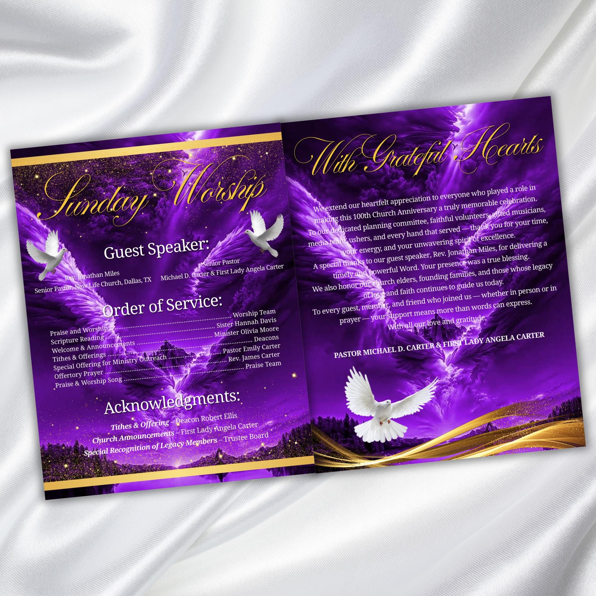 Purple Pastor Anniversary Church Program, Editable Bifold 8.5x11” Design, Church Appreciation Program, Anniversary Faith Celebration - Editable Memorial Canva Template