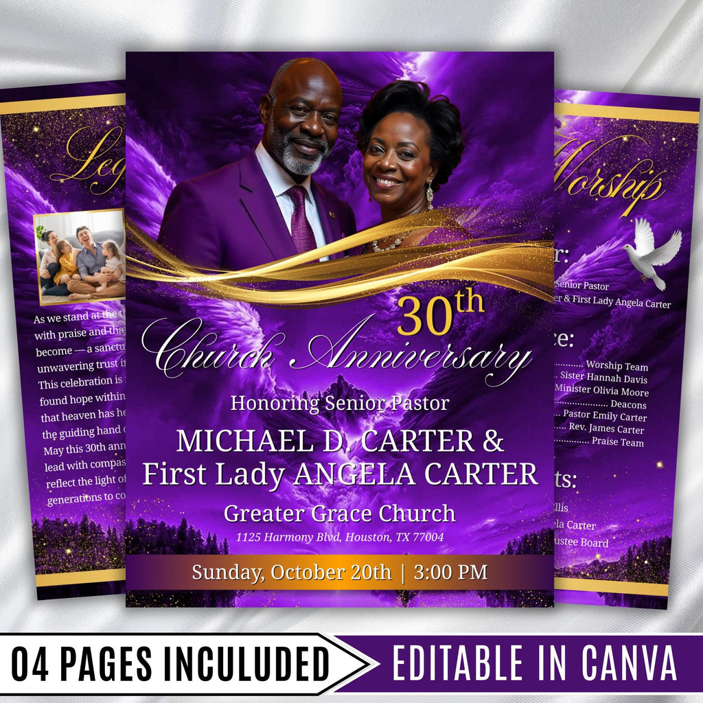 Purple Pastor Anniversary Church Program, Editable Bifold 8.5x11” Design, Church Appreciation Program, Anniversary Faith Celebration - Editable Memorial Canva Template