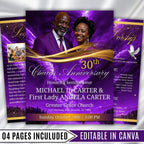 Purple Pastor Anniversary Church Program, Editable Bifold 8.5x11” Design, Church Appreciation Program, Anniversary Faith Celebration - Editable Memorial Canva Template