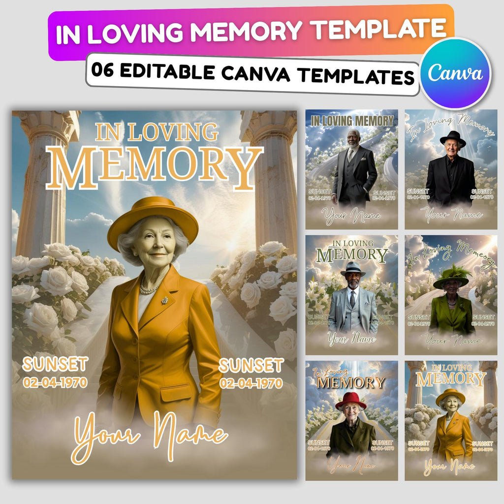6 In Loving Memory Canva Editable Templates, Memorial Canva Template, Loving Memory Template, Funeral & Celebration of Life,Digital Download - Editable Memorial Canva Template