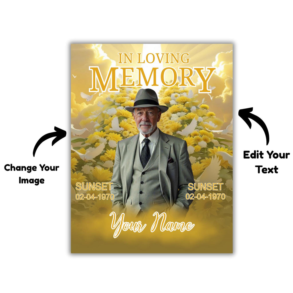 06 Yellow In Loving Memory Canva Editable Templates, Memorial Canva Template, Loving Memory Template, Funeral & Celebration of Life - Editable Memorial Canva Template