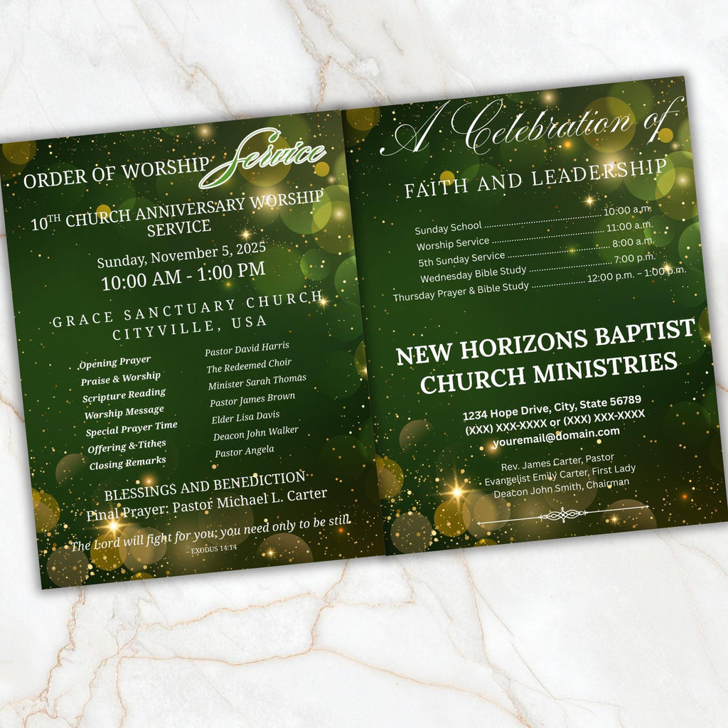 04 Pages Green Christmas Church Anniversary Program Template, Editable Bifold 8.5x11”, Church Appreciation Program, Anniversary Celebration - Editable Memorial Canva Template