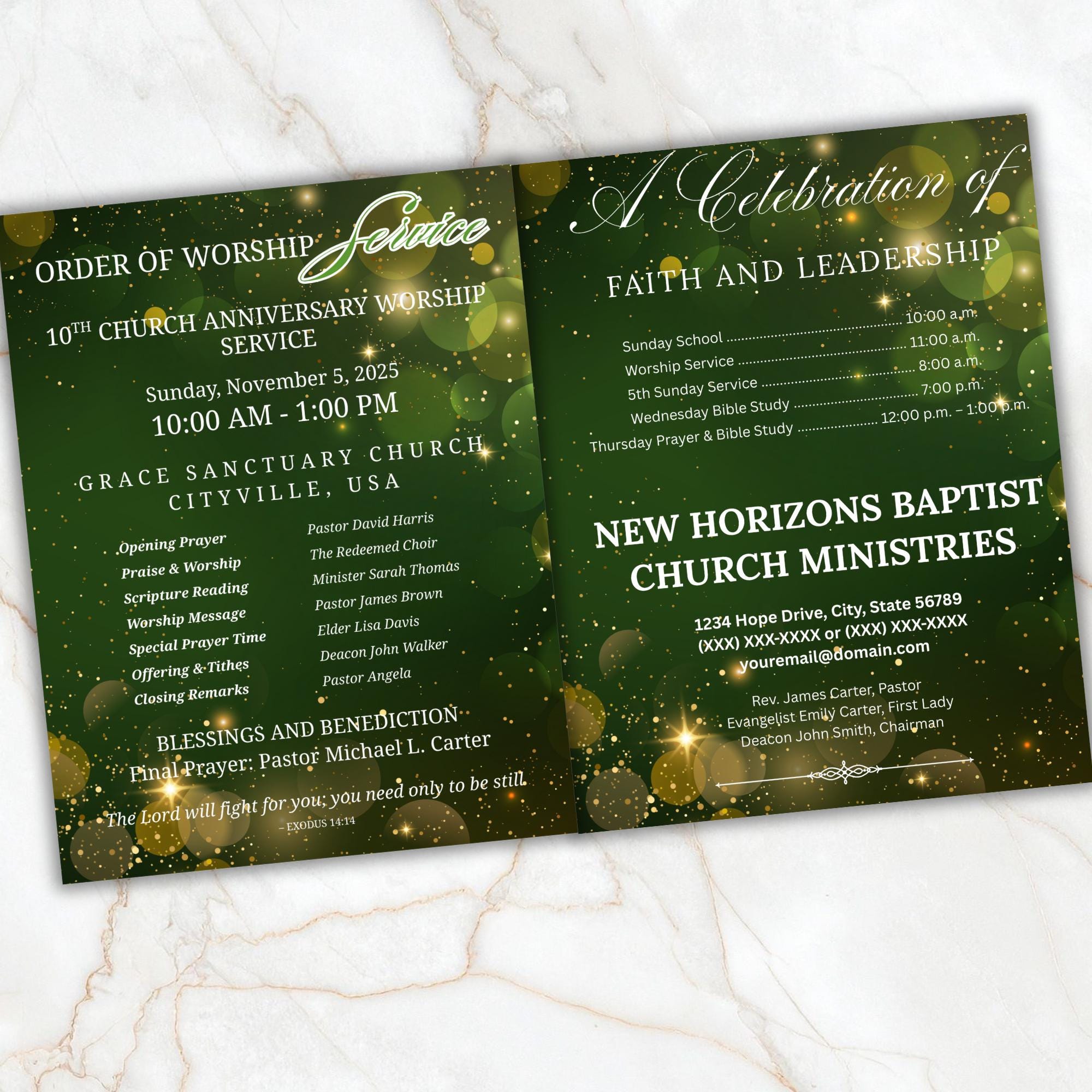 04 Pages Green Christmas Church Anniversary Program Template, Editable Bifold 8.5x11”, Church Appreciation Program, Anniversary Celebration - Editable Memorial Canva Template
