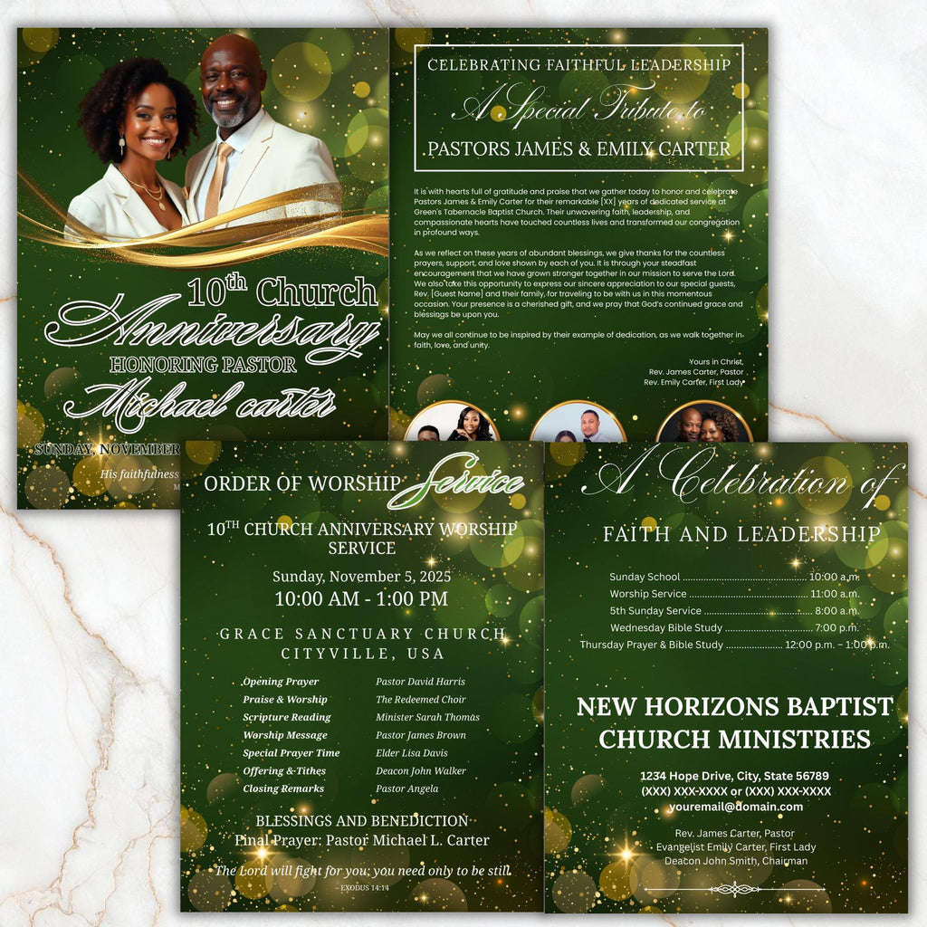 04 Pages Green Christmas Church Anniversary Program Template, Editable Bifold 8.5x11”, Church Appreciation Program, Anniversary Celebration - Editable Memorial Canva Template