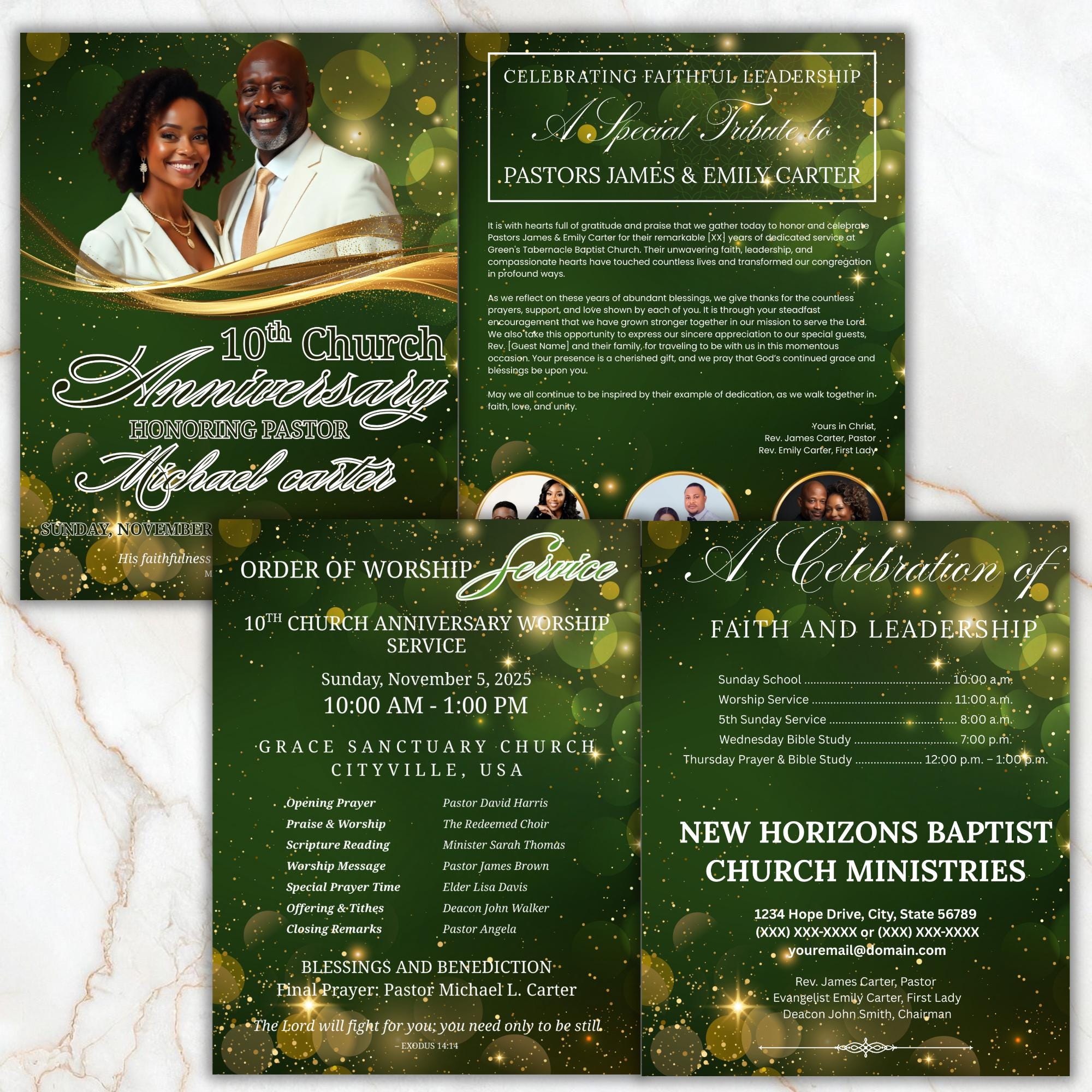 04 Pages Green Christmas Church Anniversary Program Template, Editable Bifold 8.5x11”, Church Appreciation Program, Anniversary Celebration - Editable Memorial Canva Template