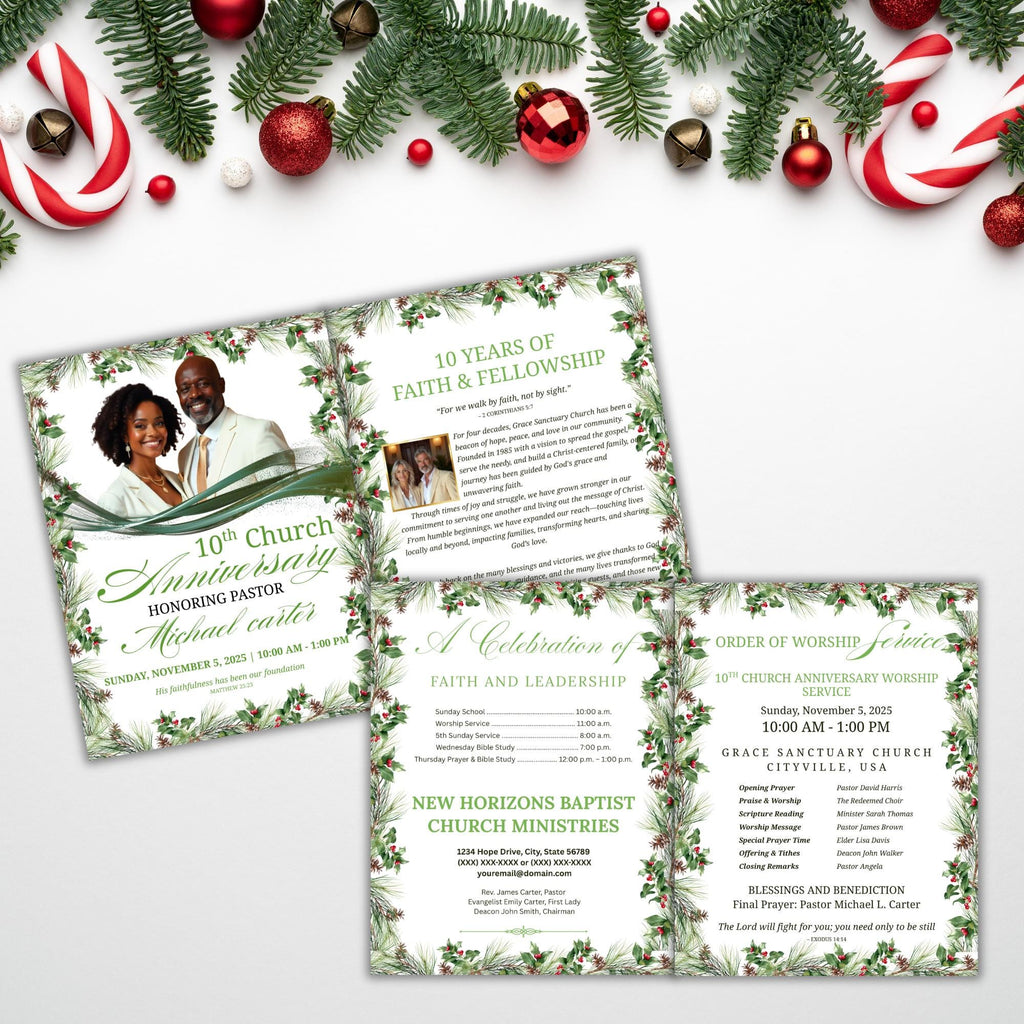04 Pages Christmas Church Anniversary Program Template, Editable Bifold 8.5x11”, Church Appreciation Program, Anniversary Celebration - Editable Memorial Canva Template
