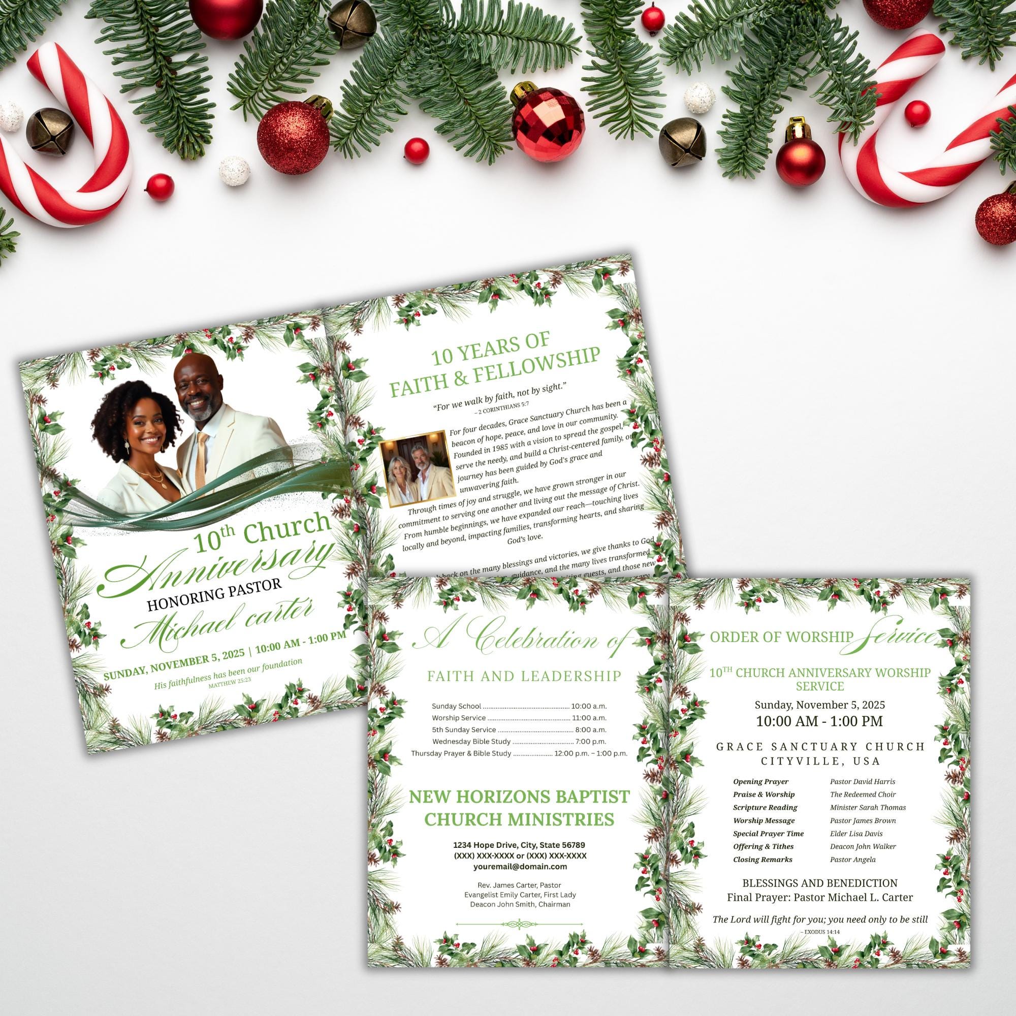 04 Pages Christmas Church Anniversary Program Template, Editable Bifold 8.5x11”, Church Appreciation Program, Anniversary Celebration - Editable Memorial Canva Template