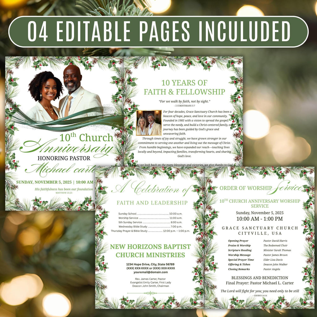 04 Pages Christmas Church Anniversary Program Template, Editable Bifold 8.5x11”, Church Appreciation Program, Anniversary Celebration - Editable Memorial Canva Template