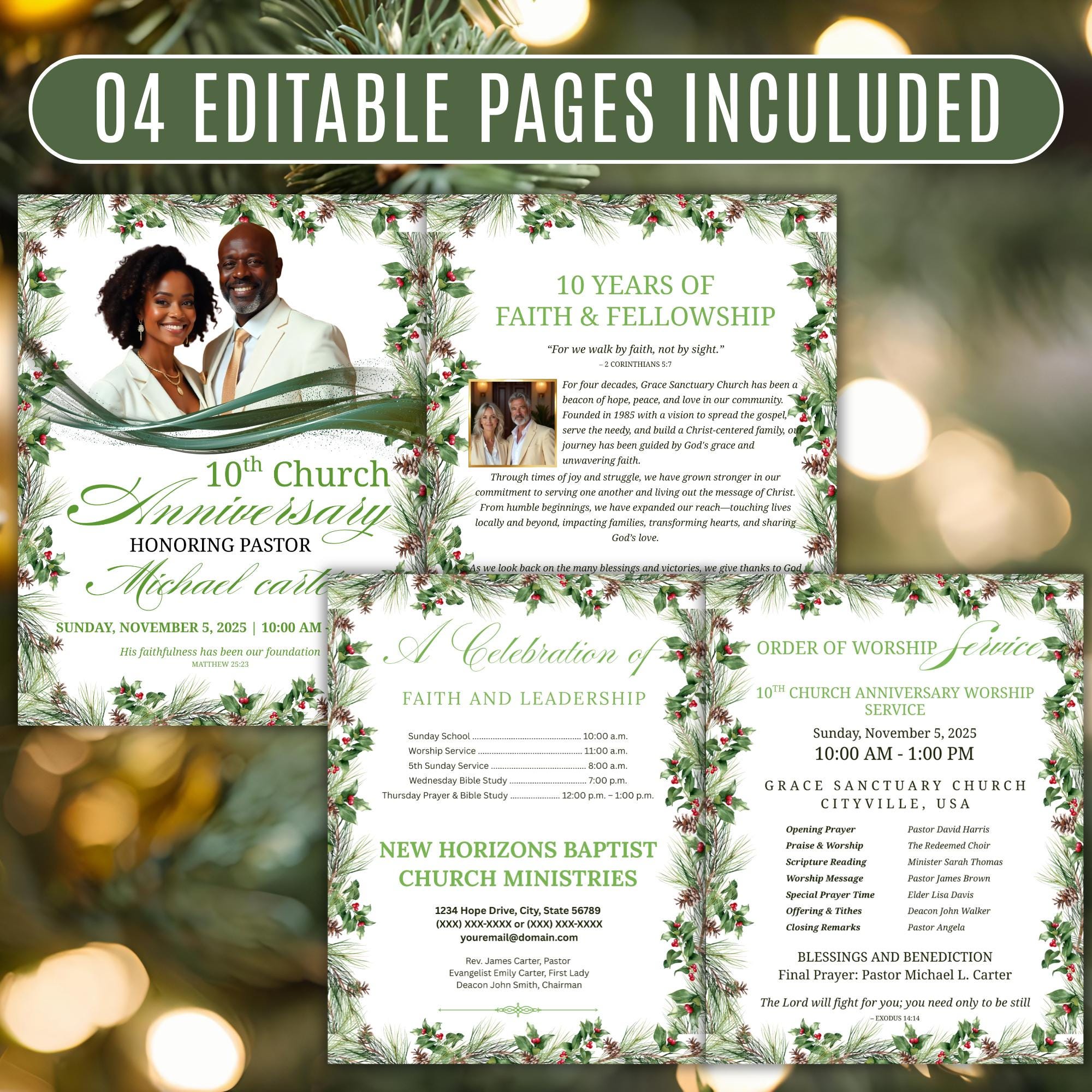04 Pages Christmas Church Anniversary Program Template, Editable Bifold 8.5x11”, Church Appreciation Program, Anniversary Celebration - Editable Memorial Canva Template