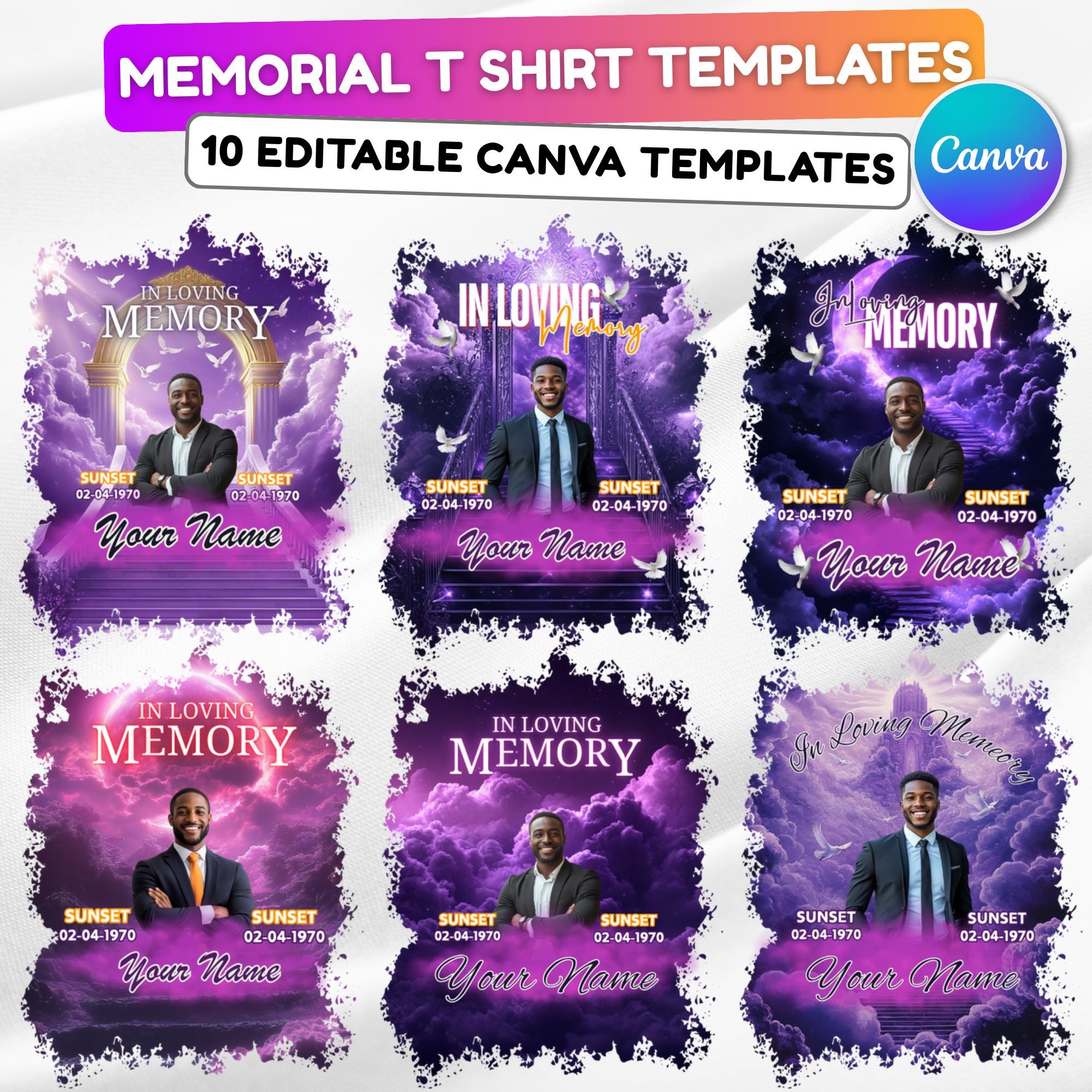 10 In Loving Memory T Shirt Canva Editable Templates, Memorial Editable Templates, Rest In Peace Designs, Funeral & Celebration of Life - Editable Memorial Canva Template